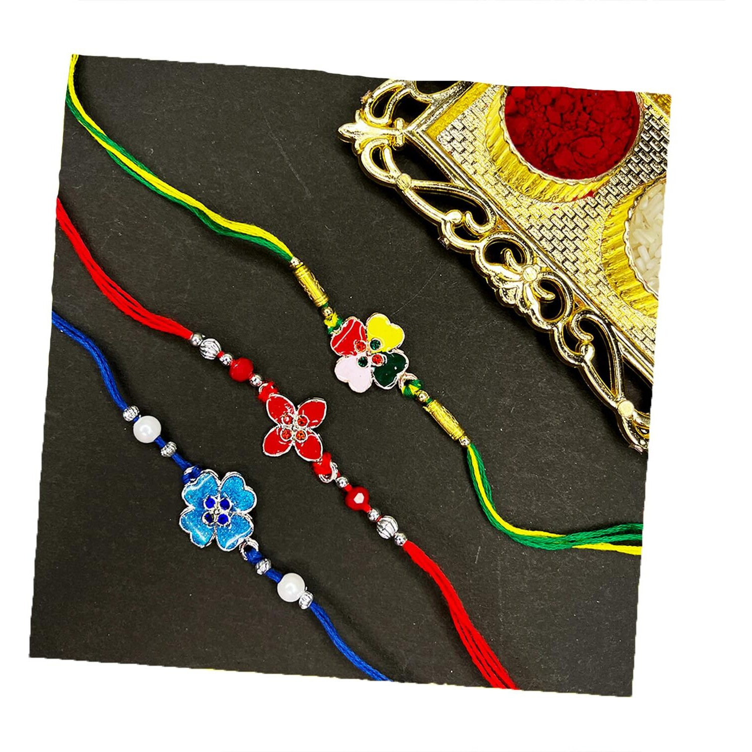 Mahi Meenakari Work Enamel Combo Of 3 Floral Rakhis With Crystals For Bhaiya, Brother, Bhai, Bro (Rco1105699M)