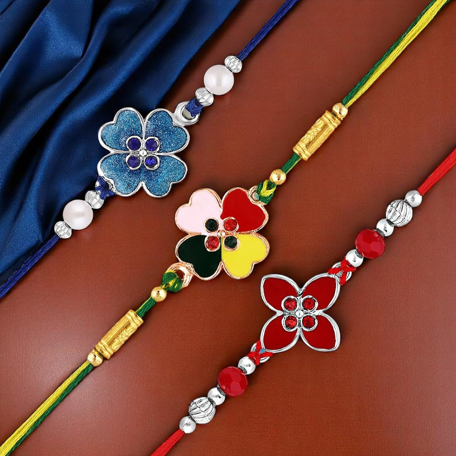 Mahi Meenakari Work Enamel Combo Of 3 Floral Rakhis With Crystals For Bhaiya, Brother, Bhai, Bro (Rco1105699M)