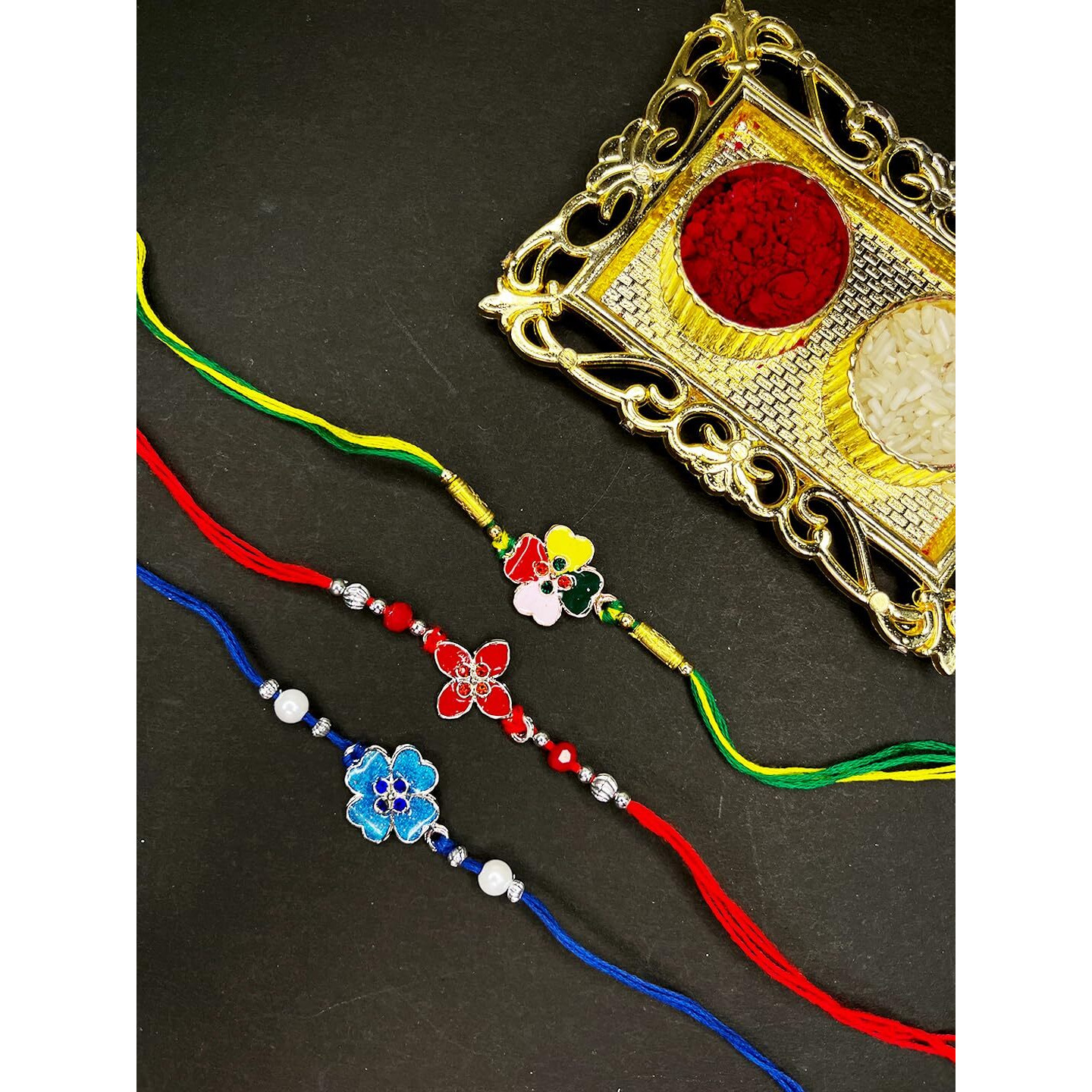 Mahi Meenakari Work Enamel Combo Of 3 Floral Rakhis With Crystals For Bhaiya, Brother, Bhai, Bro (Rco1105699M)