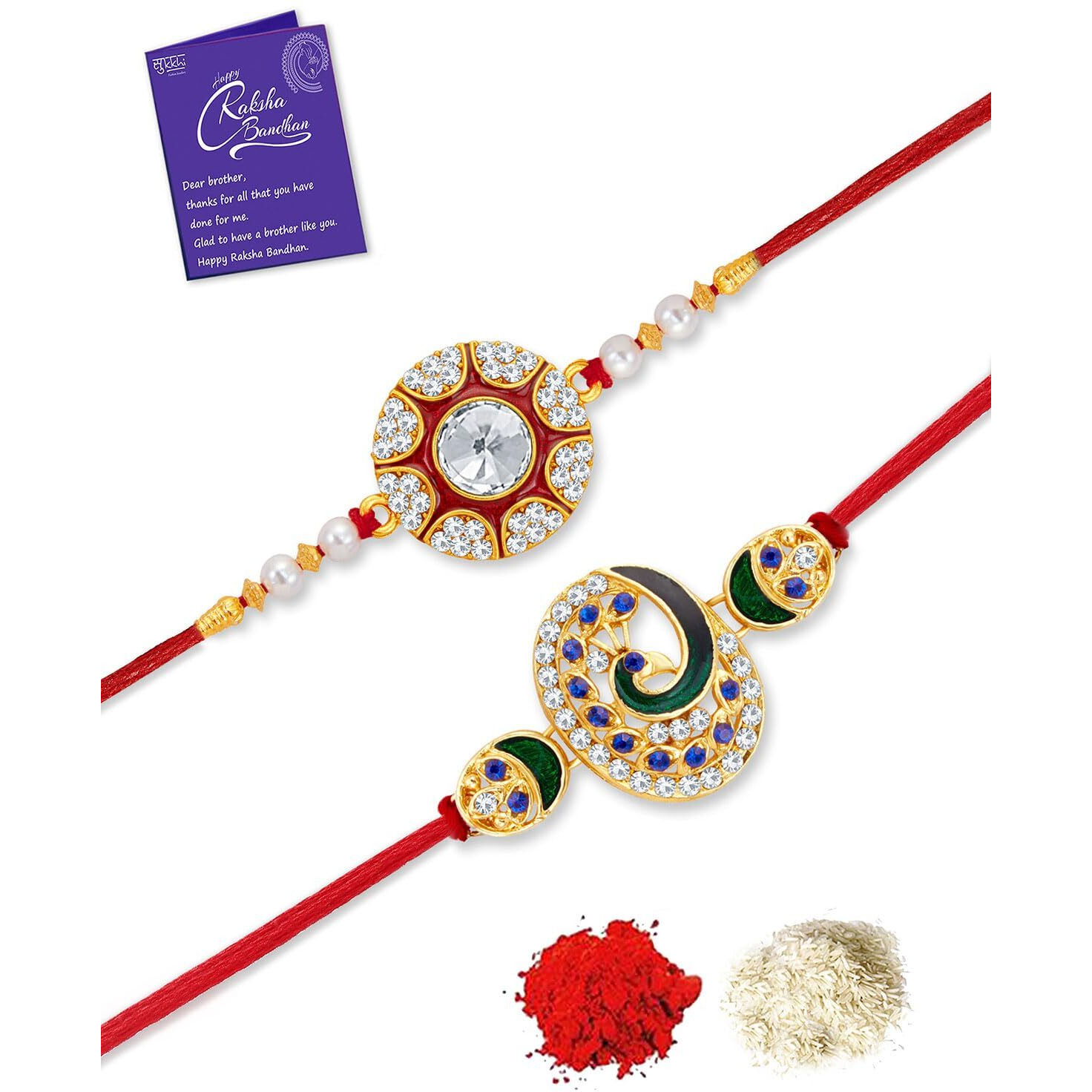 Sukkhi Rakhi Splendid Kundan Rakhi Combo & Designer Gold Plated Premium Rakhi For Brother, Roli Chawal & Greeting Card|Rakhi For Bhaiya|Rakhi For Men|Kundan Rakhi|Rakhi Combo-Set Of 2 |Cbrak105012