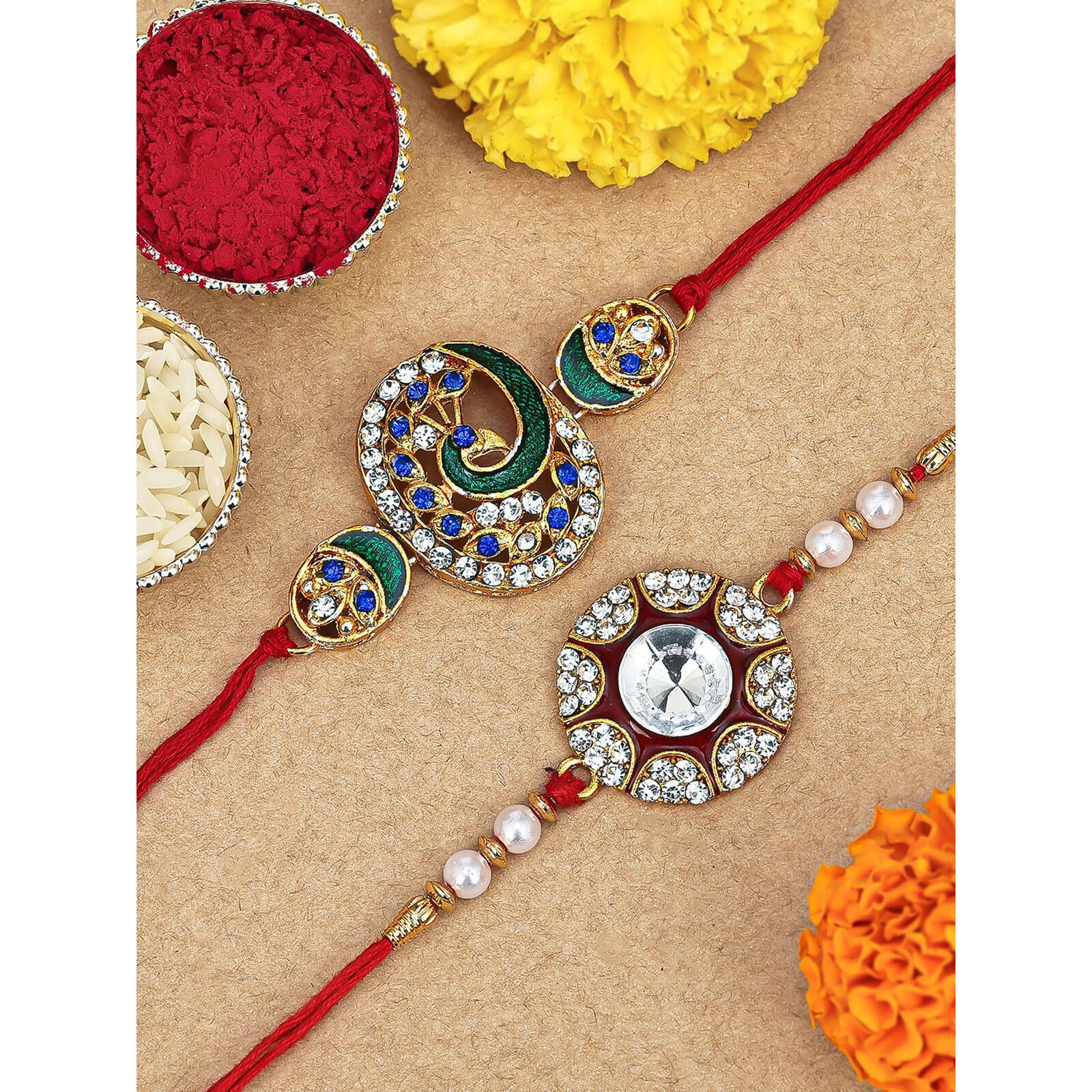 Sukkhi Rakhi Splendid Kundan Rakhi Combo & Designer Gold Plated Premium Rakhi For Brother, Roli Chawal & Greeting Card|Rakhi For Bhaiya|Rakhi For Men|Kundan Rakhi|Rakhi Combo-Set Of 2 |Cbrak105012