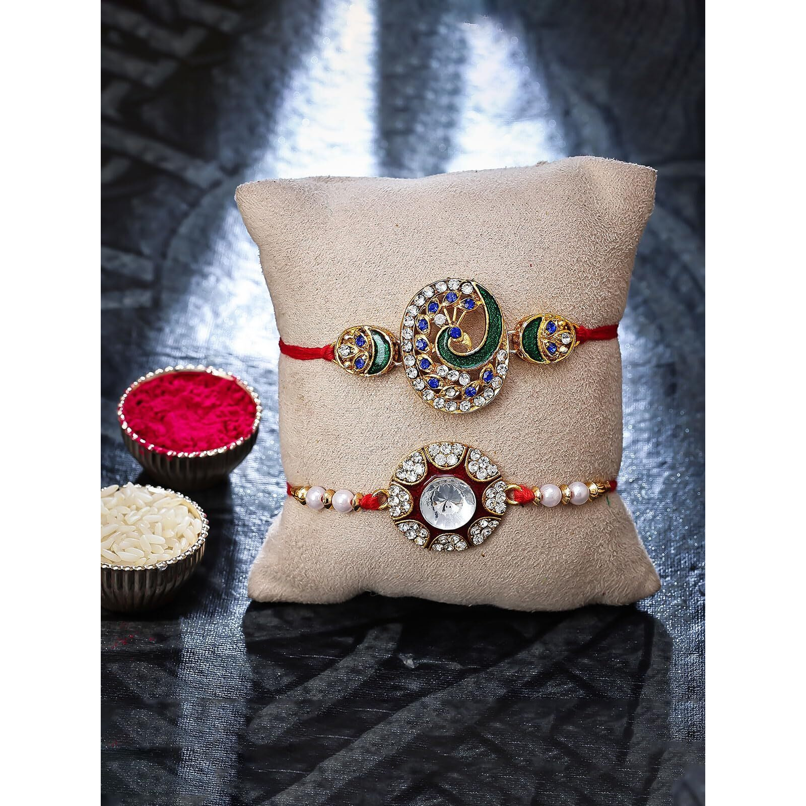 Sukkhi Rakhi Splendid Kundan Rakhi Combo & Designer Gold Plated Premium Rakhi For Brother, Roli Chawal & Greeting Card|Rakhi For Bhaiya|Rakhi For Men|Kundan Rakhi|Rakhi Combo-Set Of 2 |Cbrak105012