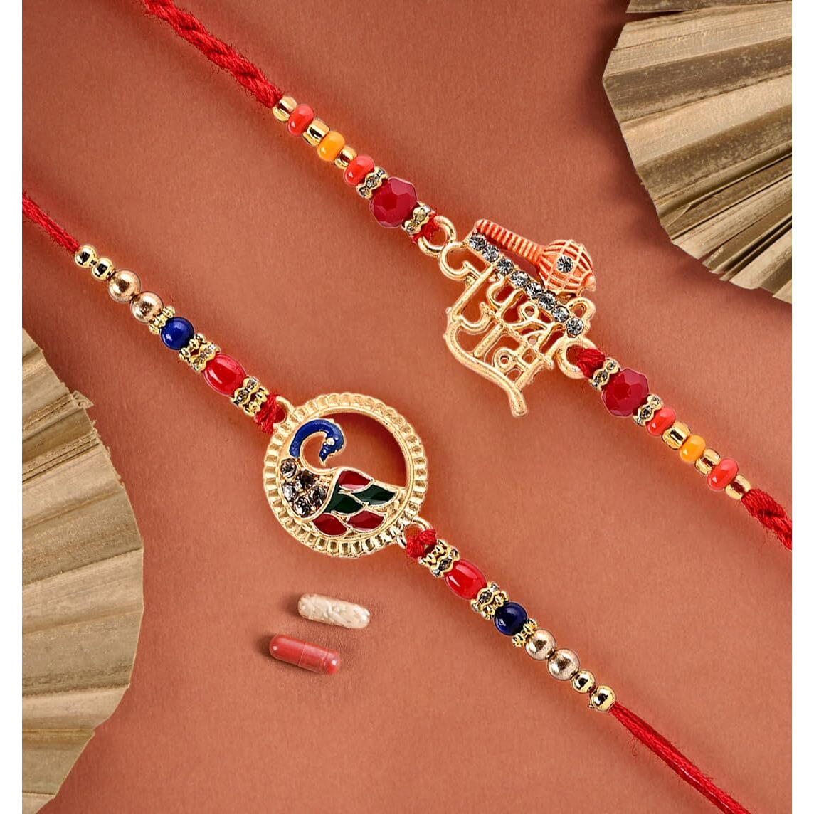 Chottey Lal And Sons Rakshabandhan Ram Ji And Peacock Designer Thread Rakhi With Roli Chawal And Card Combo | Traditional Rakhi For Brothers And Sisters (Set Of 2)
