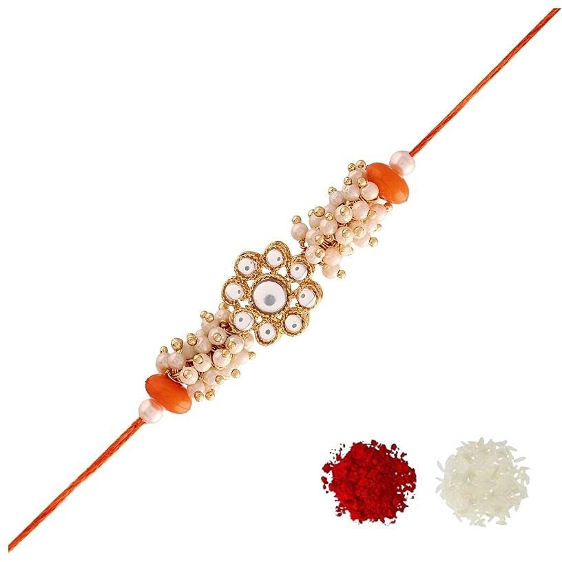 I Jewels Mens Gold Plated Ethnic Designer Pearl Bhaiya Rakhi With Roli Chawal & Rakshabandhan Card For Bro/Brother/Bhai (R023O-R)