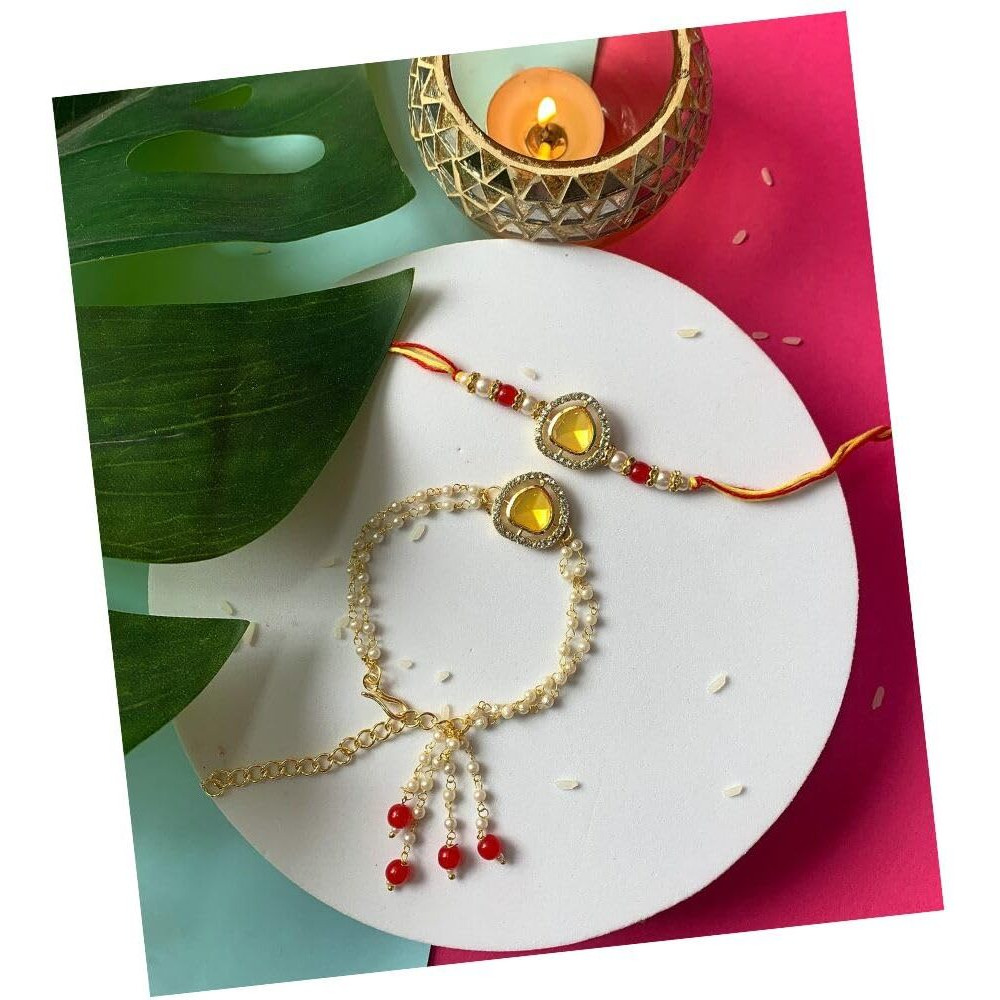 I Jewels Mens Kundan & Pearl Hanging Bhaiya Bhabhi Lumba Rakhi Set With Roli Chawal And Rakshabandhan Card (R140Y-Co)