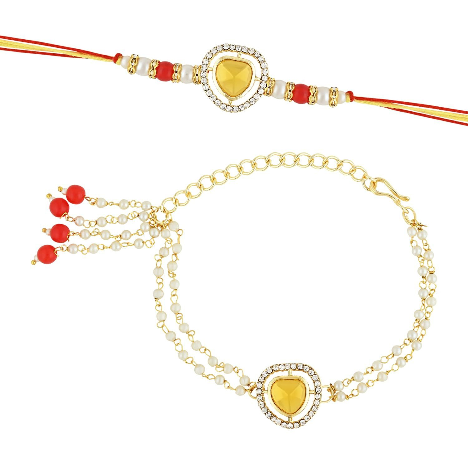 I Jewels Mens Kundan & Pearl Hanging Bhaiya Bhabhi Lumba Rakhi Set With Roli Chawal And Rakshabandhan Card (R140Y-Co)