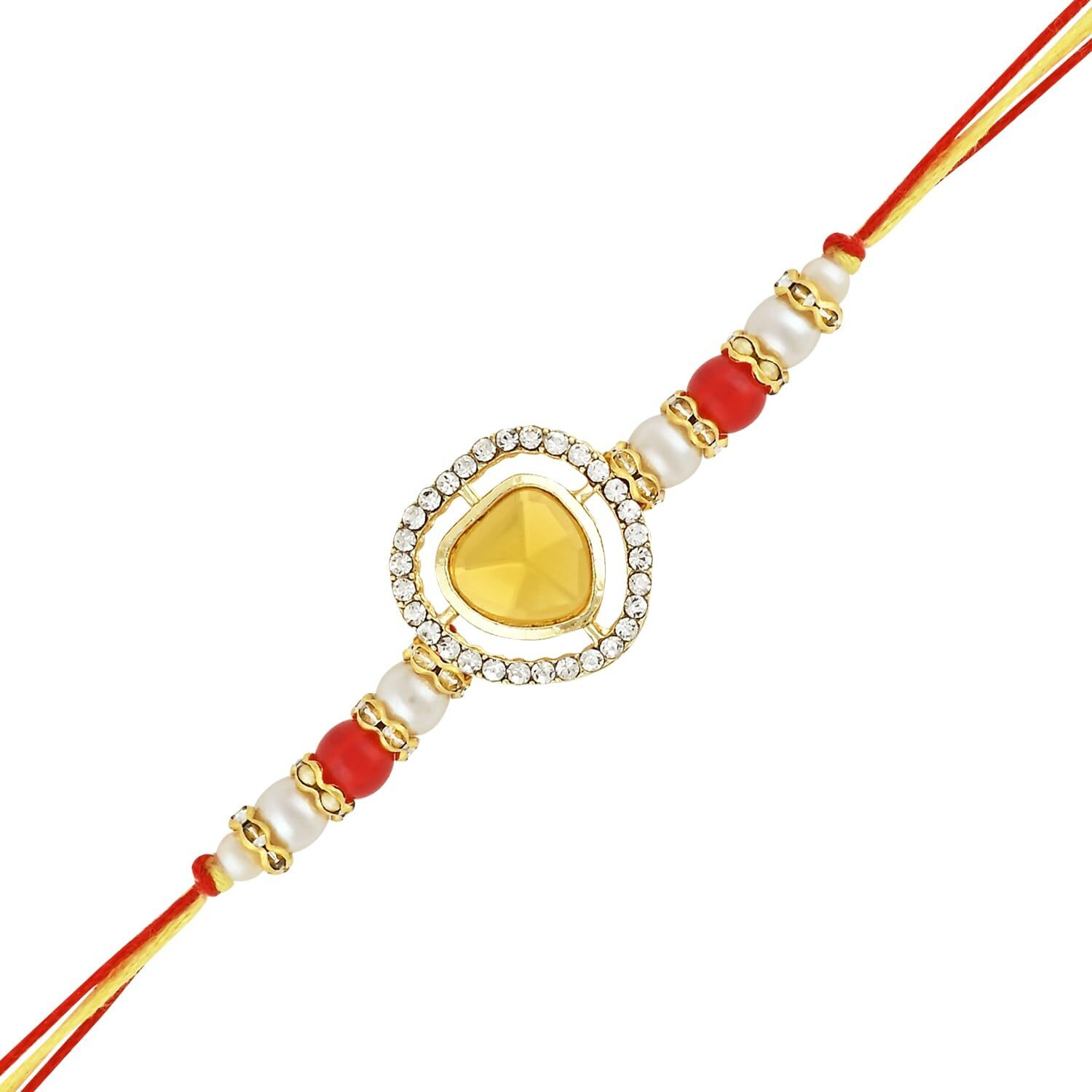 I Jewels Mens Kundan & Pearl Hanging Bhaiya Bhabhi Lumba Rakhi Set With Roli Chawal And Rakshabandhan Card (R140Y-Co)
