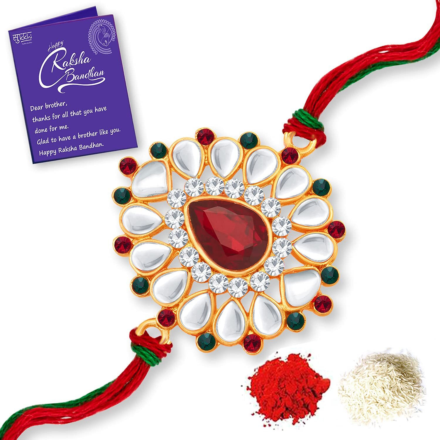 Sukkhi Rakhi Seaside Kundan Designer Gold Plated Premium Rakhi For Brother With Roli Chawal & Greeting Card | Rakhi For Bhaiya | Rakhi For Men | Kundan Rakhi | (Rak100033)