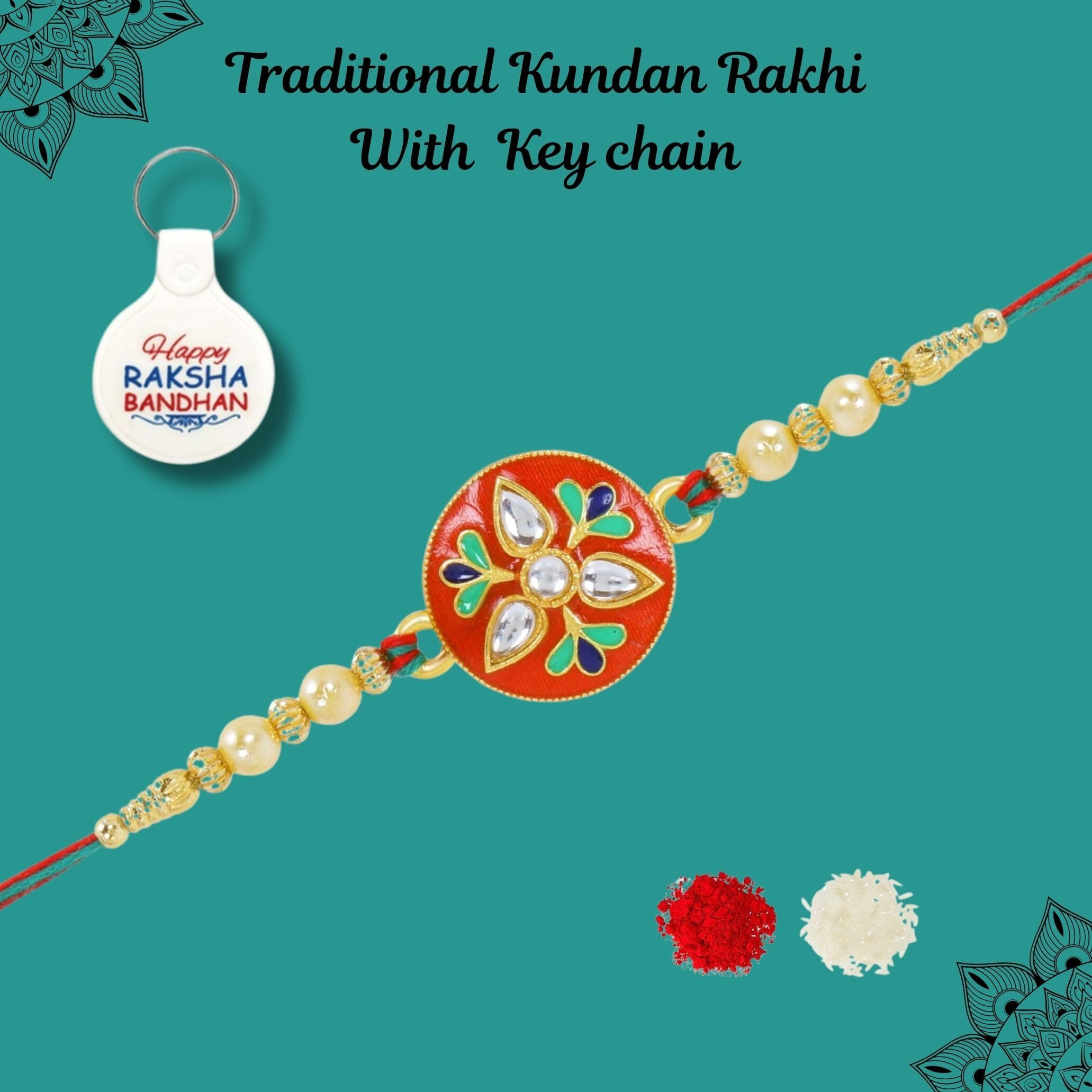 Riddhika Ventures Alluring Gold Plated Floral And Pearl Rakhi (Bracelet) For Men With Roli Chawal, Greeting Card And And One Motivational Keychain (P2K)