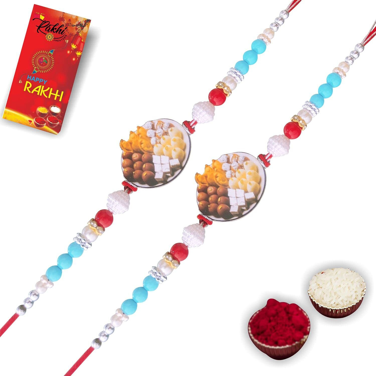Case Creation Handmade Beautiful Sweets Funny Bracelet Rakhi 2 Set For Brother Bhai Bro With Complimentary Ritual Items And Greeting Card Sweets Rakhi For Brother And Bhabhi (Set Of 2)
