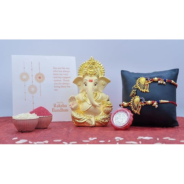 Gold Art India Ganesha Idol Combo With Free Peacock Rakhi & Lumba Set, Roli Chawal, Silver Plated Coin, And Gift Card - Perfect Raksha Bandhan Gift