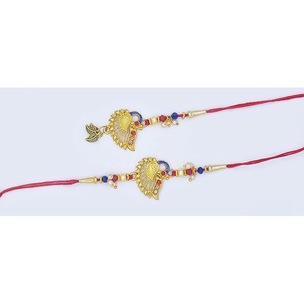 Gold Art India Ganesha Idol Combo With Free Peacock Rakhi & Lumba Set, Roli Chawal, Silver Plated Coin, And Gift Card - Perfect Raksha Bandhan Gift