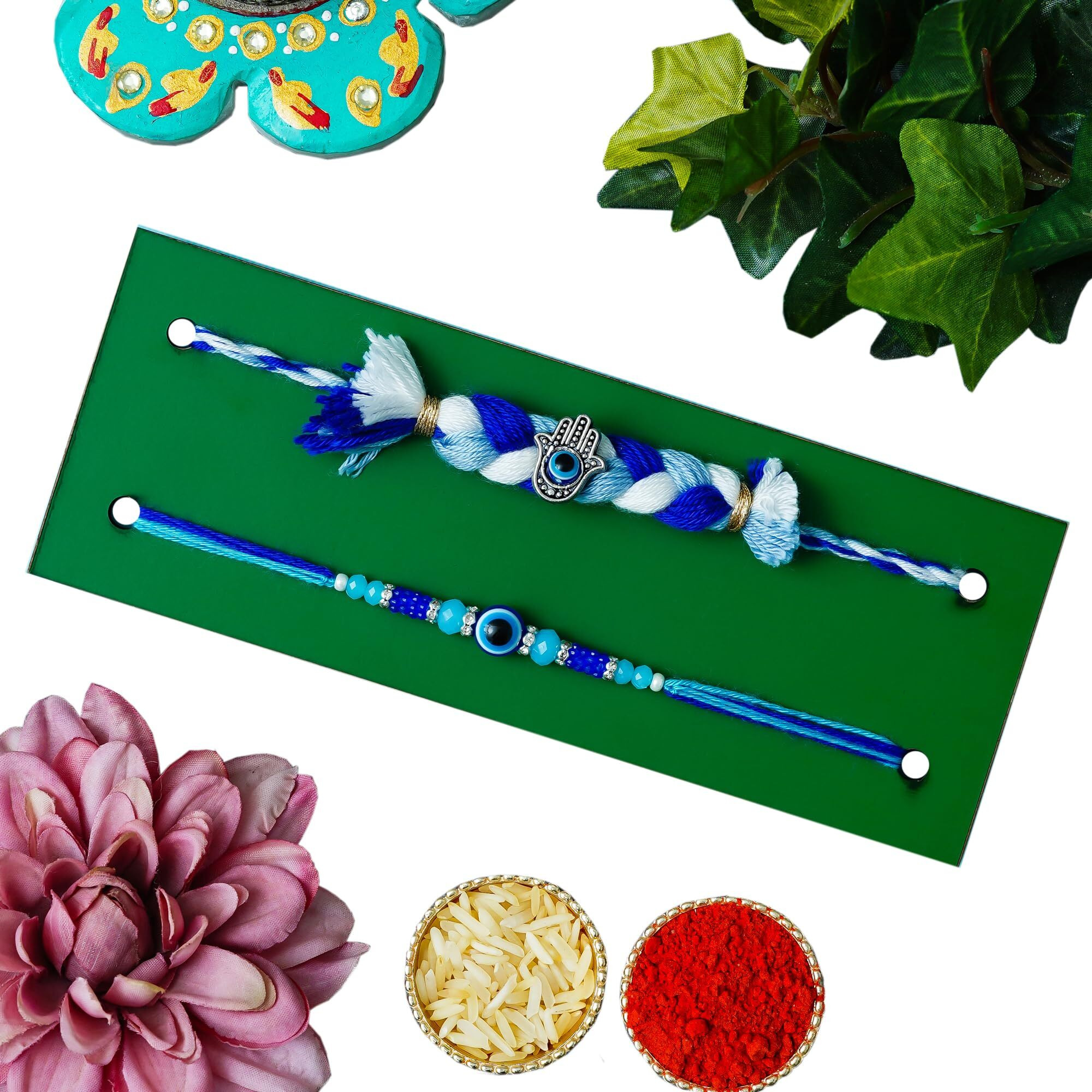 Tonkwalas Rakhi For Brother Set Of 2 Rakhi With Roli Chawal Set And Greeting Card (Multicolor-2)