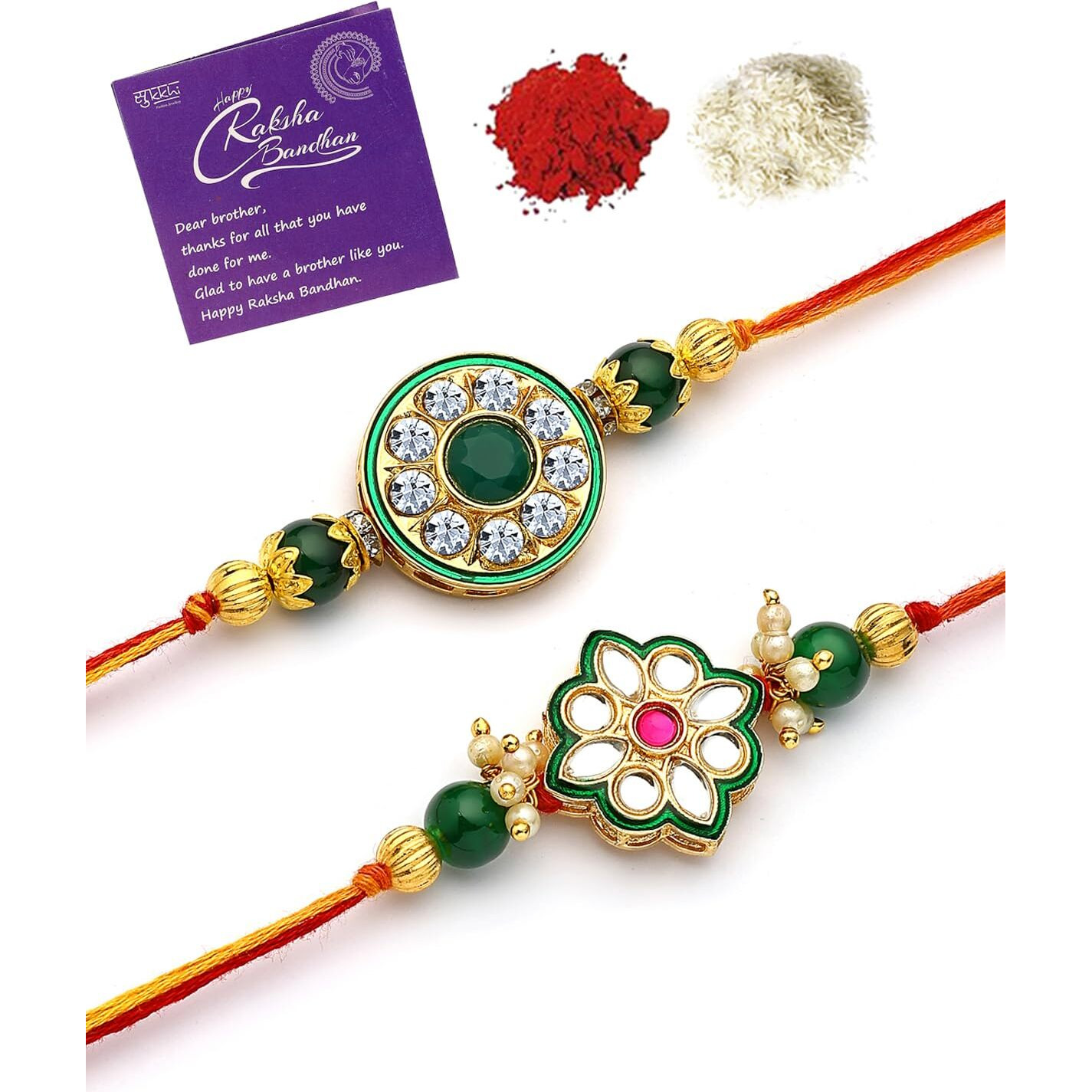 Sukkhi Rakhi Kundan Designer Ad Stones With Bead Floral Multicolour Combo Rakhi For Brother With Roli Chawal & Greeting Card|Set Of 2|Cbrak107436