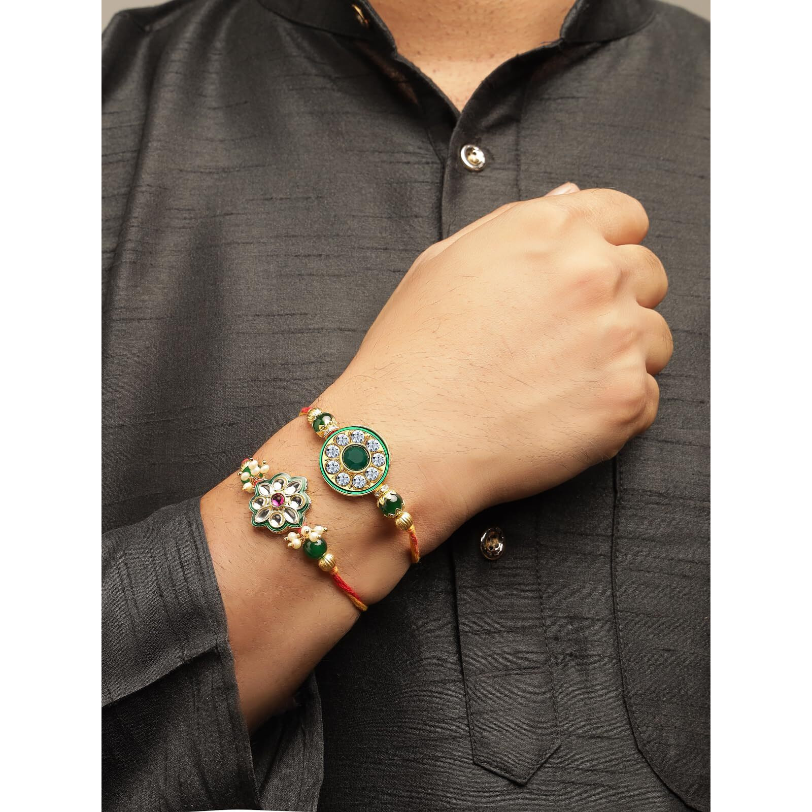 Sukkhi Rakhi Kundan Designer Ad Stones With Bead Floral Multicolour Combo Rakhi For Brother With Roli Chawal & Greeting Card|Set Of 2|Cbrak107436