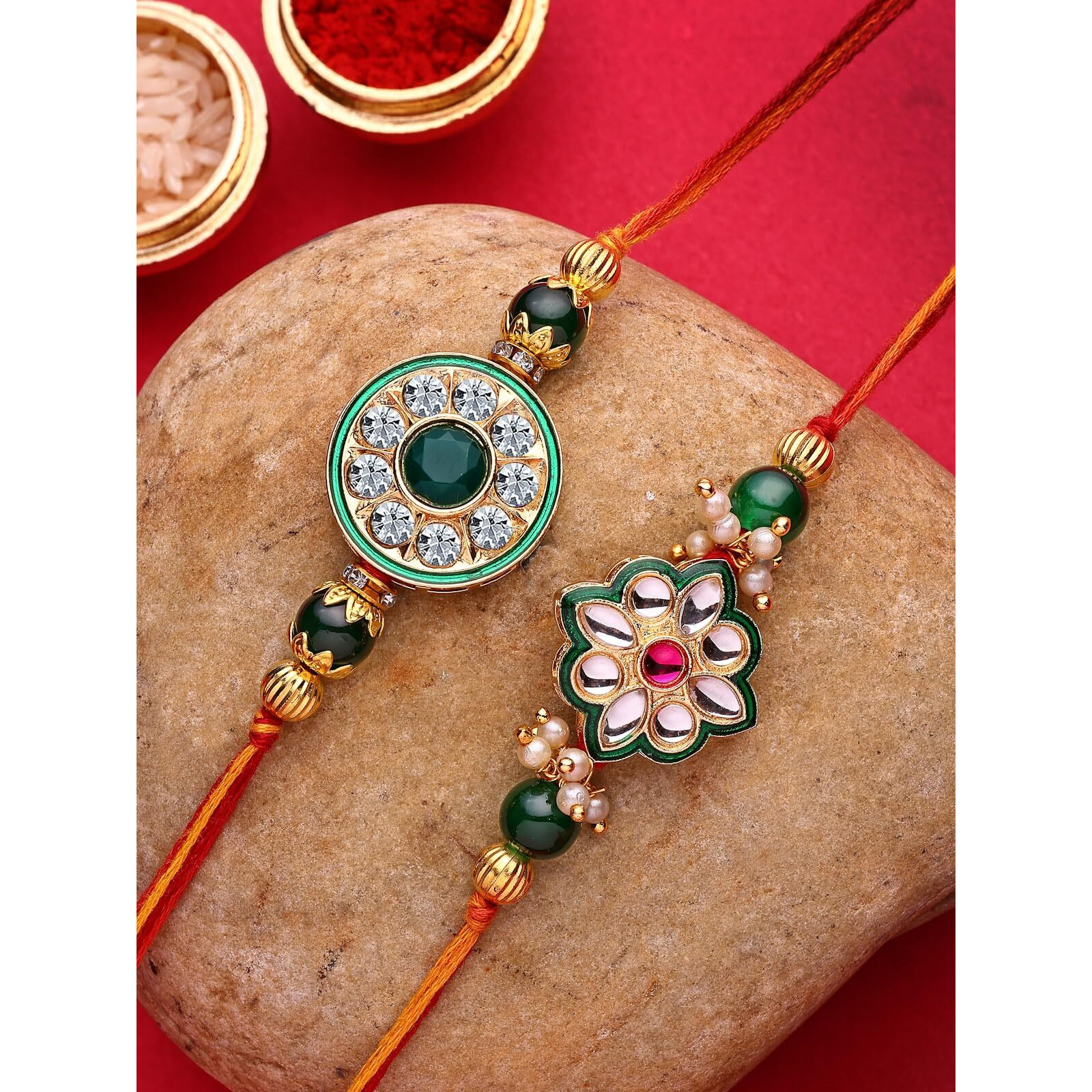 Sukkhi Rakhi Kundan Designer Ad Stones With Bead Floral Multicolour Combo Rakhi For Brother With Roli Chawal & Greeting Card|Set Of 2|Cbrak107436