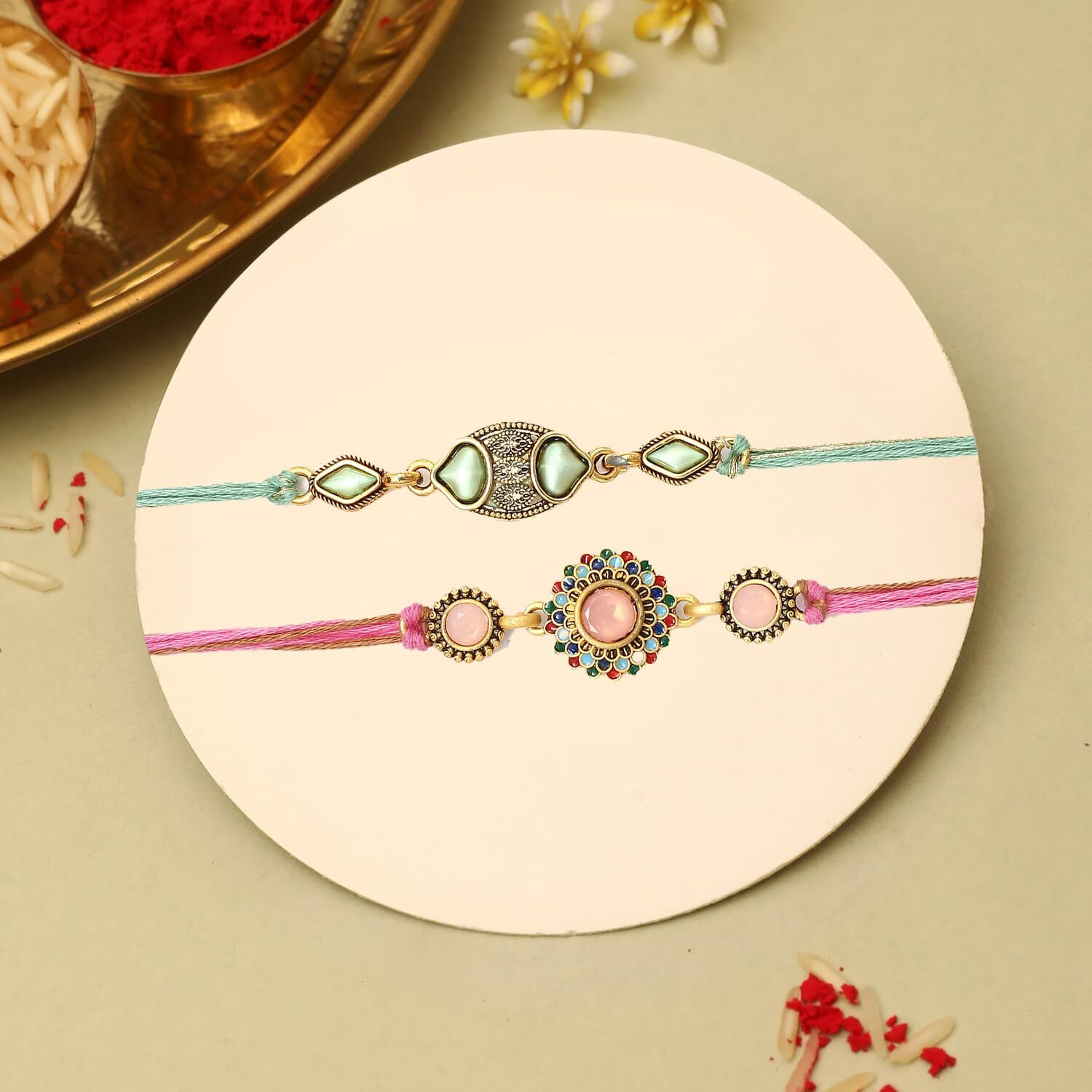The Purple Tree Pink And Green Meenakri Kundan Rakhi For Bhai (Pack Of 2), Handmade Rakhi For Brother, Rakshabandhan Gift For Bhai, Best Rakhi For Bhaiya