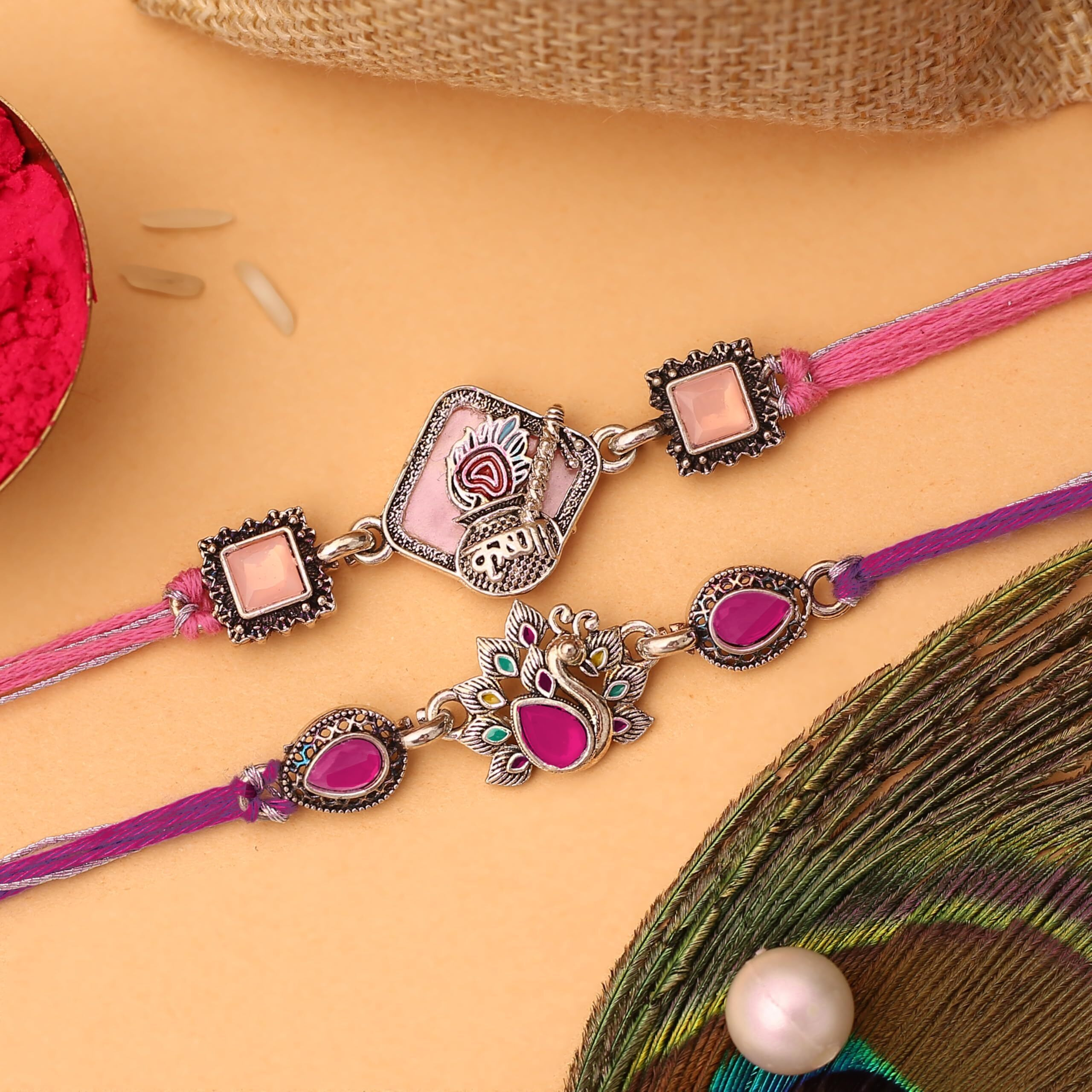 The Purple Tree Magenta And Light Pink Krishna Peacock Rakhi For Bhai (Pack Of 2), Handmade Rakhi For Brother, Rakshabandhan Gift For Bhai, Best Rakhi For Bhaiya