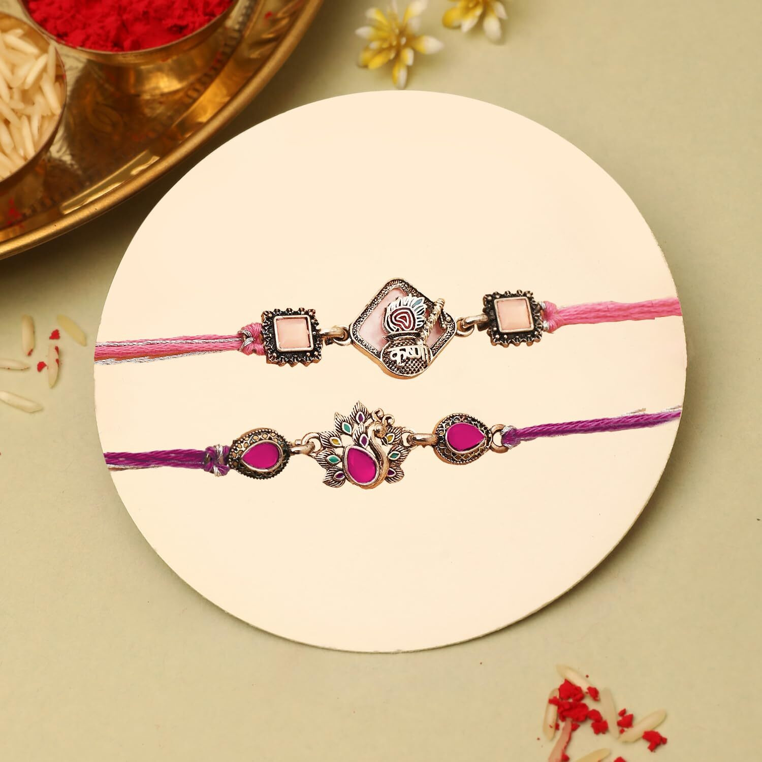 The Purple Tree Magenta And Light Pink Krishna Peacock Rakhi For Bhai (Pack Of 2), Handmade Rakhi For Brother, Rakshabandhan Gift For Bhai, Best Rakhi For Bhaiya