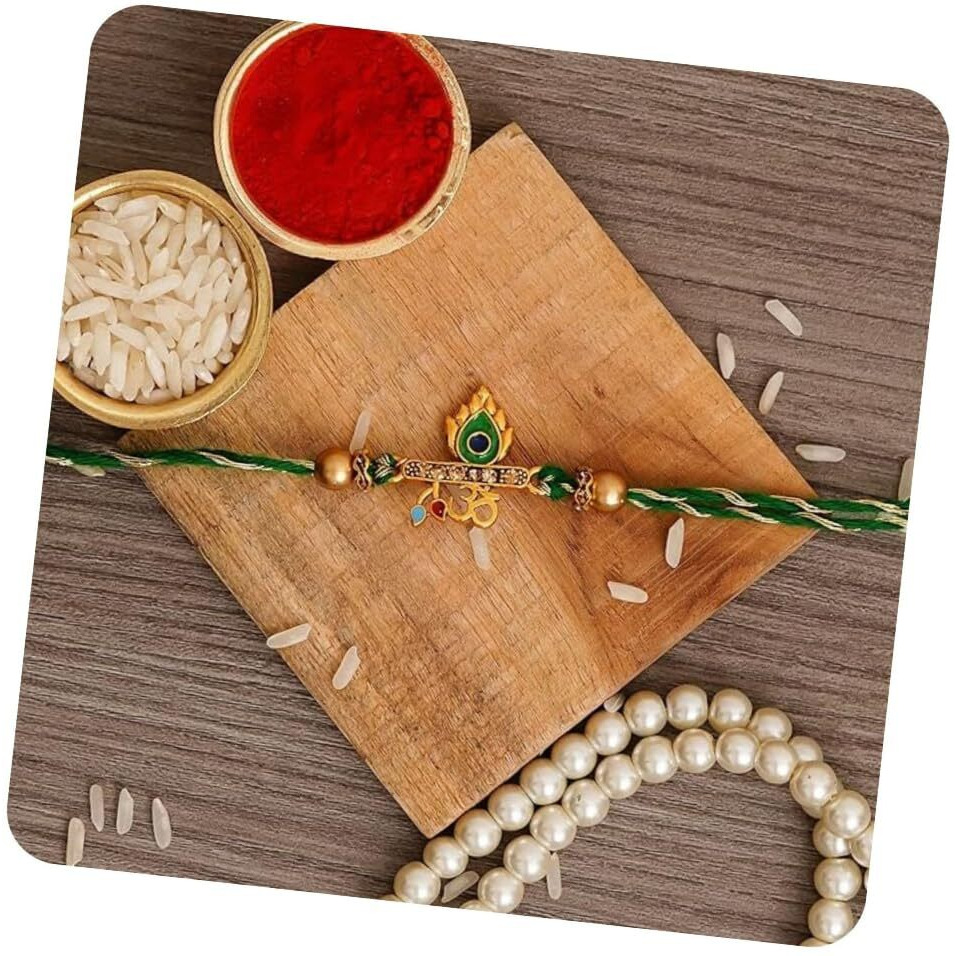 Ecraftindia Green & Golden Om & Peacock Feather Religious Designer Rakhi With Roli Chawal Pack - Rakhi For Brother, Bhaiya, Bhai