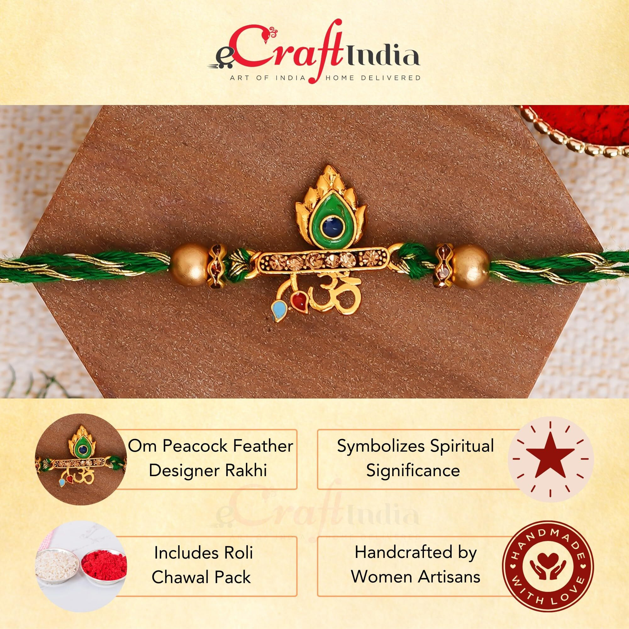 Ecraftindia Green & Golden Om & Peacock Feather Religious Designer Rakhi With Roli Chawal Pack - Rakhi For Brother, Bhaiya, Bhai
