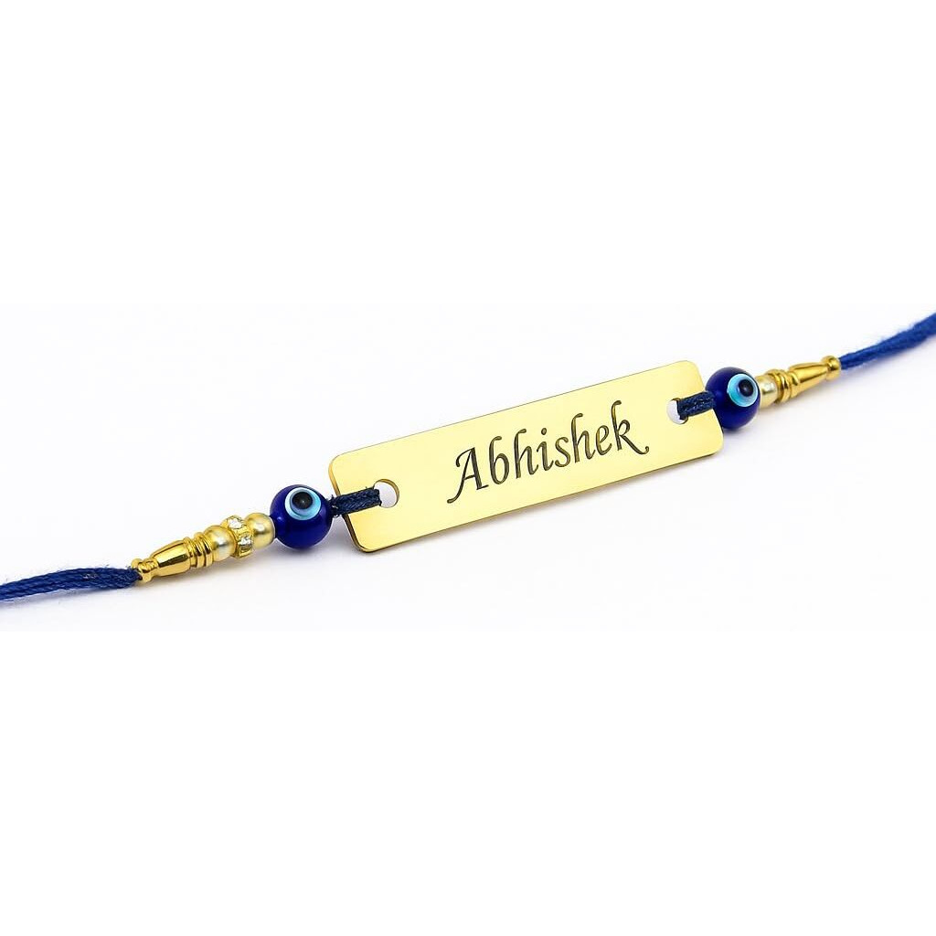 Customised India Customized Evil Eye Name Rakhi For Brother| Personalized Metal Evil Eye Blue Rakhi With Name | Stylish And Eye Catching Metal Name Rakshabandhan Bracelet