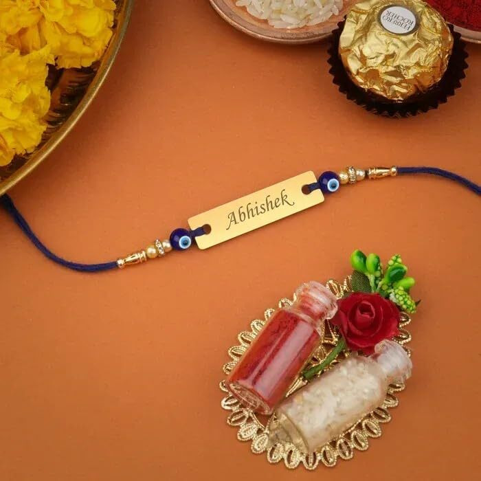 Customised India Customized Evil Eye Name Rakhi For Brother| Personalized Metal Evil Eye Blue Rakhi With Name | Stylish And Eye Catching Metal Name Rakshabandhan Bracelet
