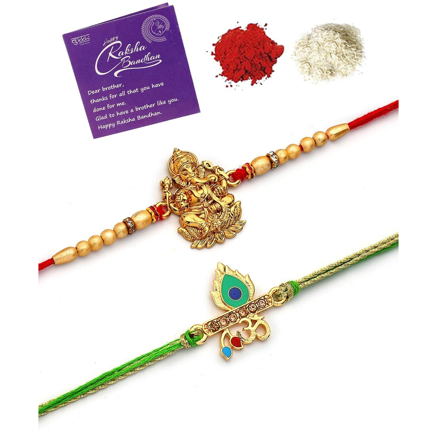 Sukkhi Rakhi Gold Plated Om & Peacock Feather Religious Lord Ganesha Designer Meenakari Work Combo Rakhi For Brother With Roli Chawal & Greeting Card|Set Of 2|Cbrak107435