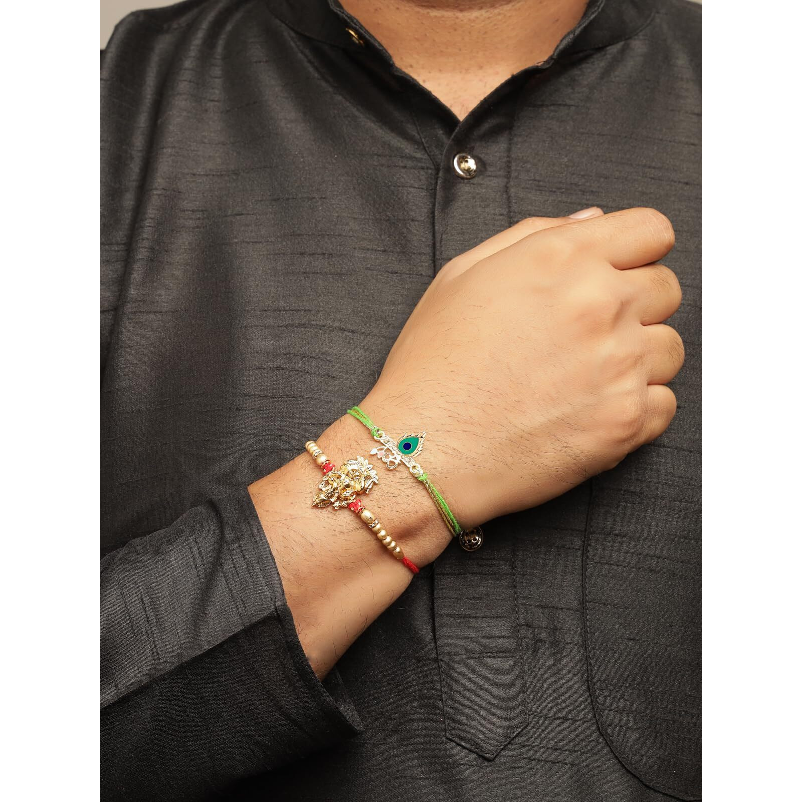Sukkhi Rakhi Gold Plated Om & Peacock Feather Religious Lord Ganesha Designer Meenakari Work Combo Rakhi For Brother With Roli Chawal & Greeting Card|Set Of 2|Cbrak107435