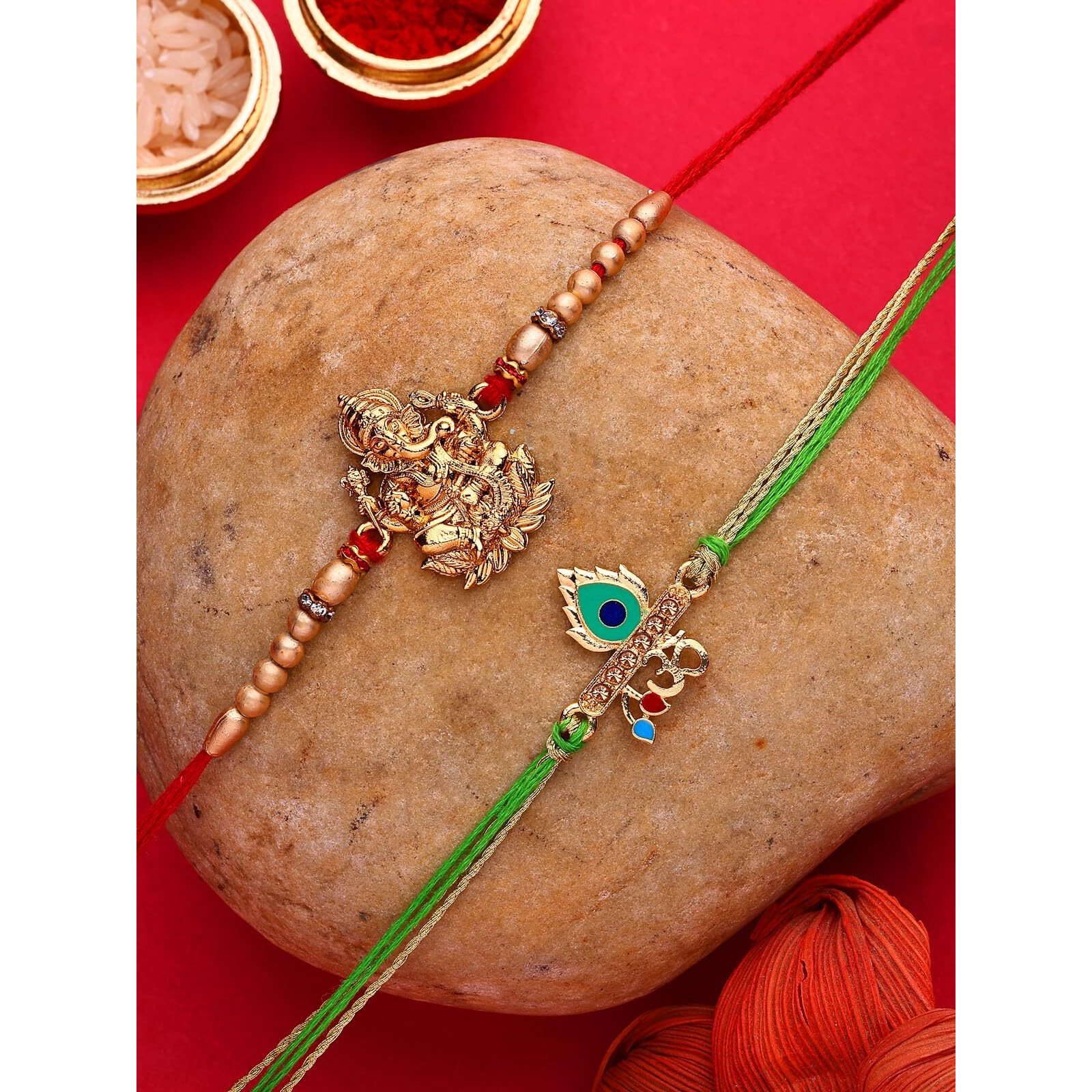 Sukkhi Rakhi Gold Plated Om & Peacock Feather Religious Lord Ganesha Designer Meenakari Work Combo Rakhi For Brother With Roli Chawal & Greeting Card|Set Of 2|Cbrak107435