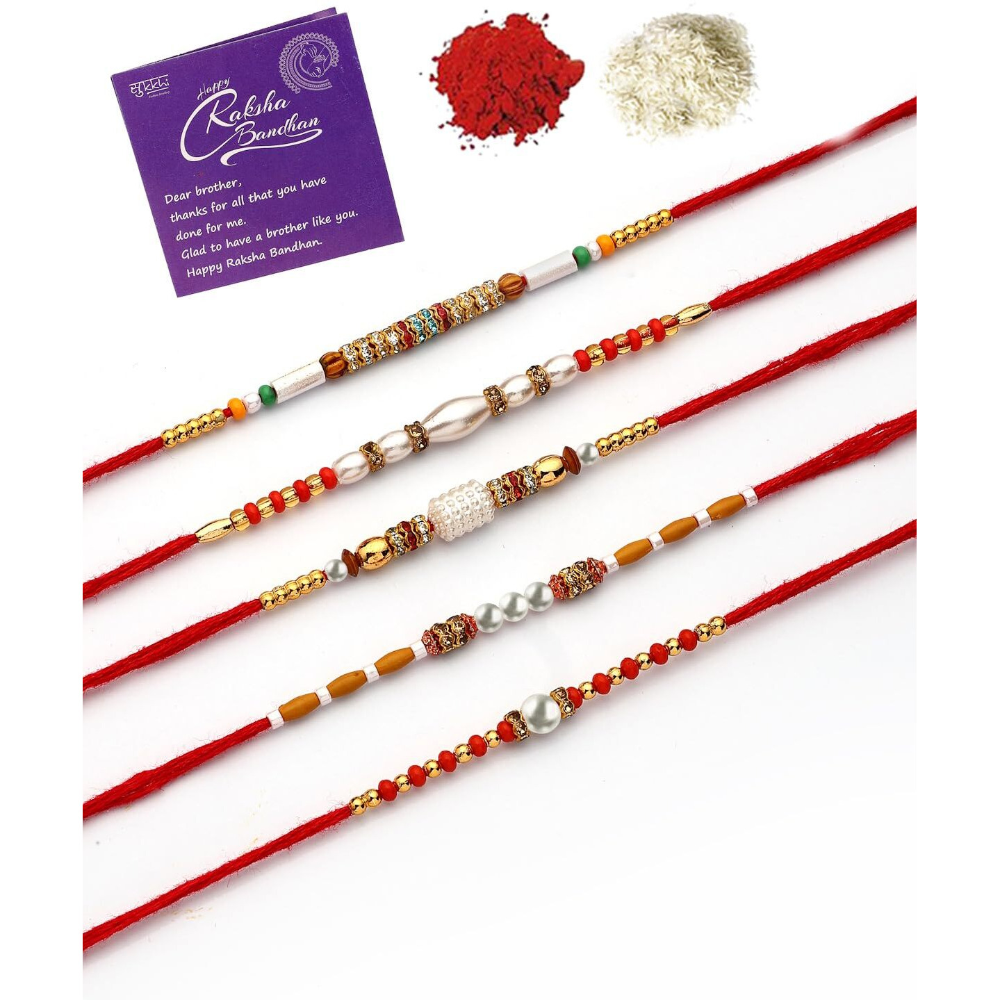 Sukkhi Rakhi Casual Gold Plated With Ad Stones & Pearl Beaded Multicolor Combo Rakhi For Brother With Roli Chawal & Greeting Card|Set Of 5|Cbrak107450