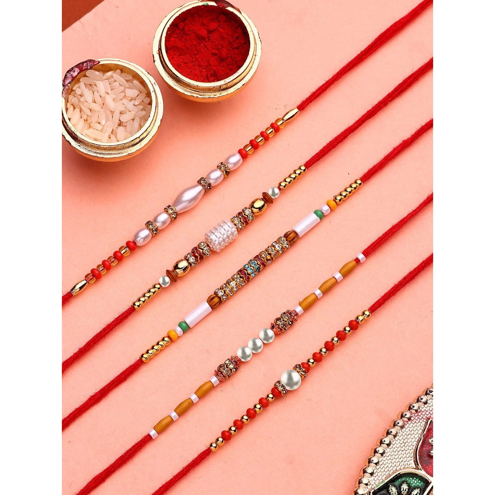 Sukkhi Rakhi Casual Gold Plated With Ad Stones & Pearl Beaded Multicolor Combo Rakhi For Brother With Roli Chawal & Greeting Card|Set Of 5|Cbrak107450