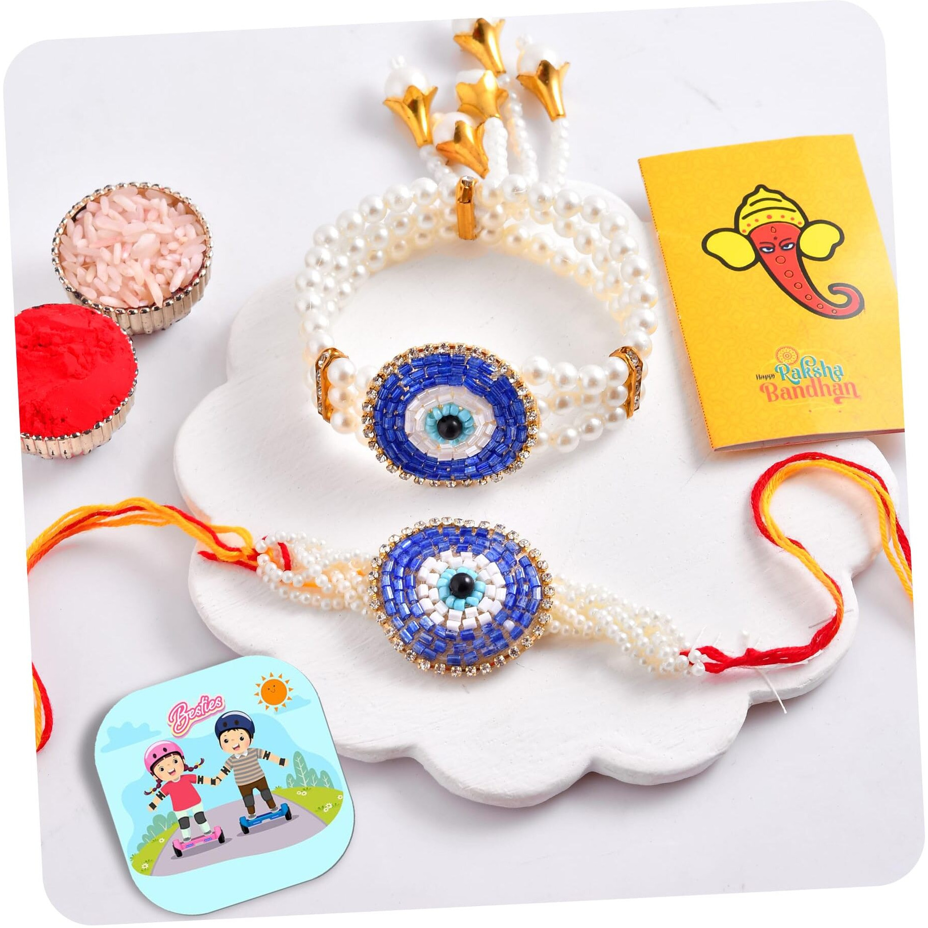 Craftvatika Designer Rakhi Set For Brother And Bhabhi, Premium Evil Eye Rakhi For Bhaiya Bhabhi Set Of 2, Evil Eye Rakhi Bracelet Lumba For Bhabhi With Fridge Magnet Gift For Men Women, Greeting Card, Tilak Set, Magnet For Home Decor