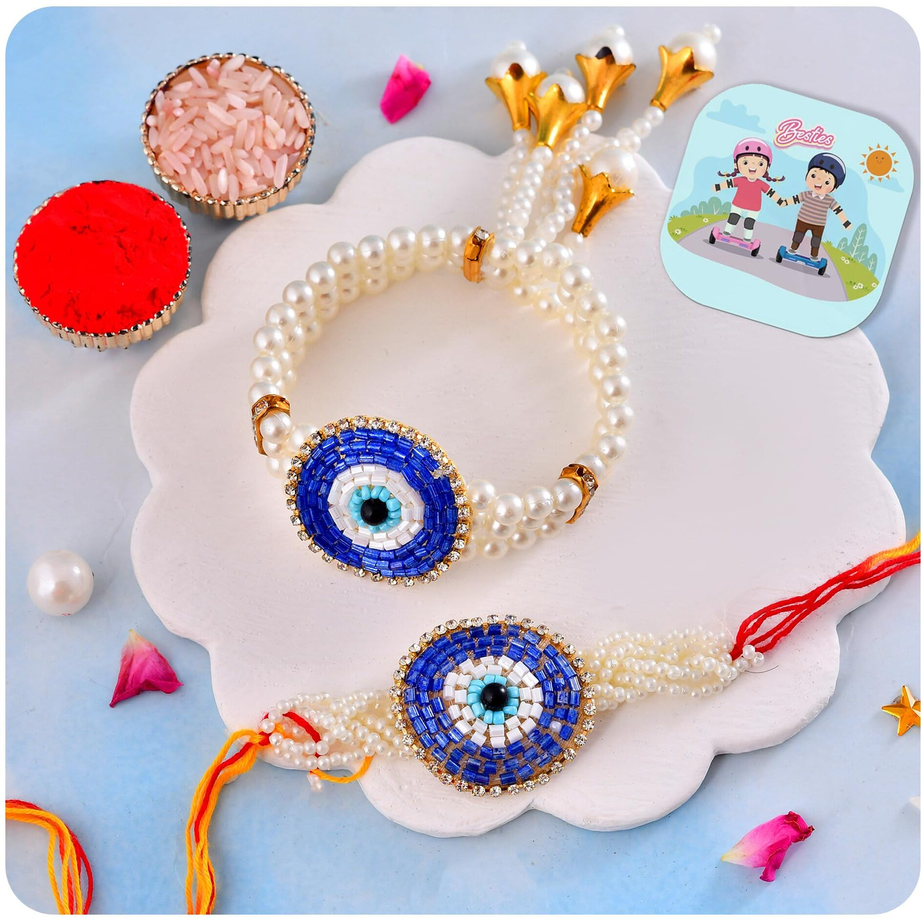 Craftvatika Designer Rakhi Set For Brother And Bhabhi, Premium Evil Eye Rakhi For Bhaiya Bhabhi Set Of 2, Evil Eye Rakhi Bracelet Lumba For Bhabhi With Fridge Magnet Gift For Men Women, Greeting Card, Tilak Set, Magnet For Home Decor