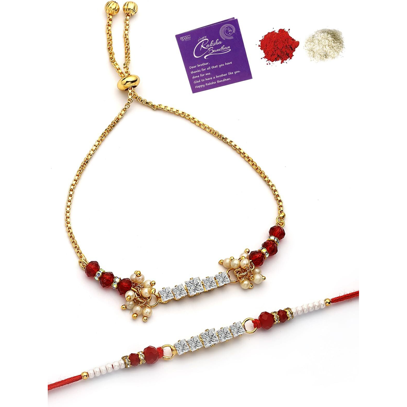 Sukkhi Rakhi Charming Gold Plated Kundan With Beadable Rakshabandhan Combo Lumba Rakhi For Brother Bhiya Bhabhi With Roli Chawal & Greeting Card|Set Of 2|Cbrakl107457