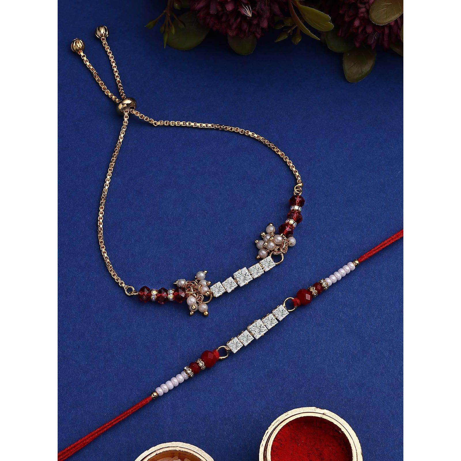 Sukkhi Rakhi Charming Gold Plated Kundan With Beadable Rakshabandhan Combo Lumba Rakhi For Brother Bhiya Bhabhi With Roli Chawal & Greeting Card|Set Of 2|Cbrakl107457