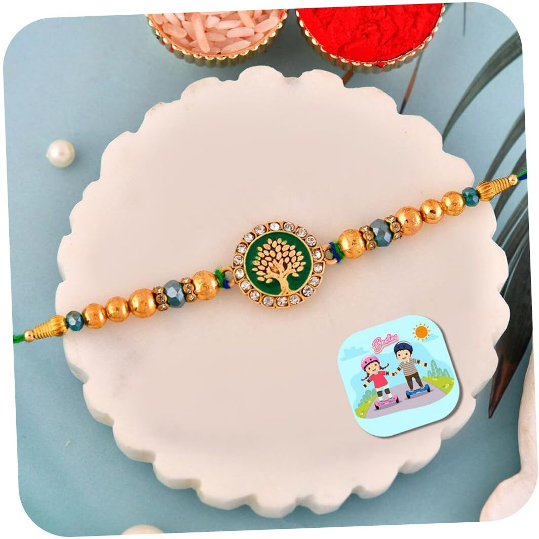 Craftvatika Rakhi For Brother, Rakhi Set Of 1, Tree Of Life Designer Kundan Rakhis For Bhaiya Bhai Bro Boy Men, Designer Single Raki With Best Wishes Greeting Card, Tilak Set Fridge Magnet Gift