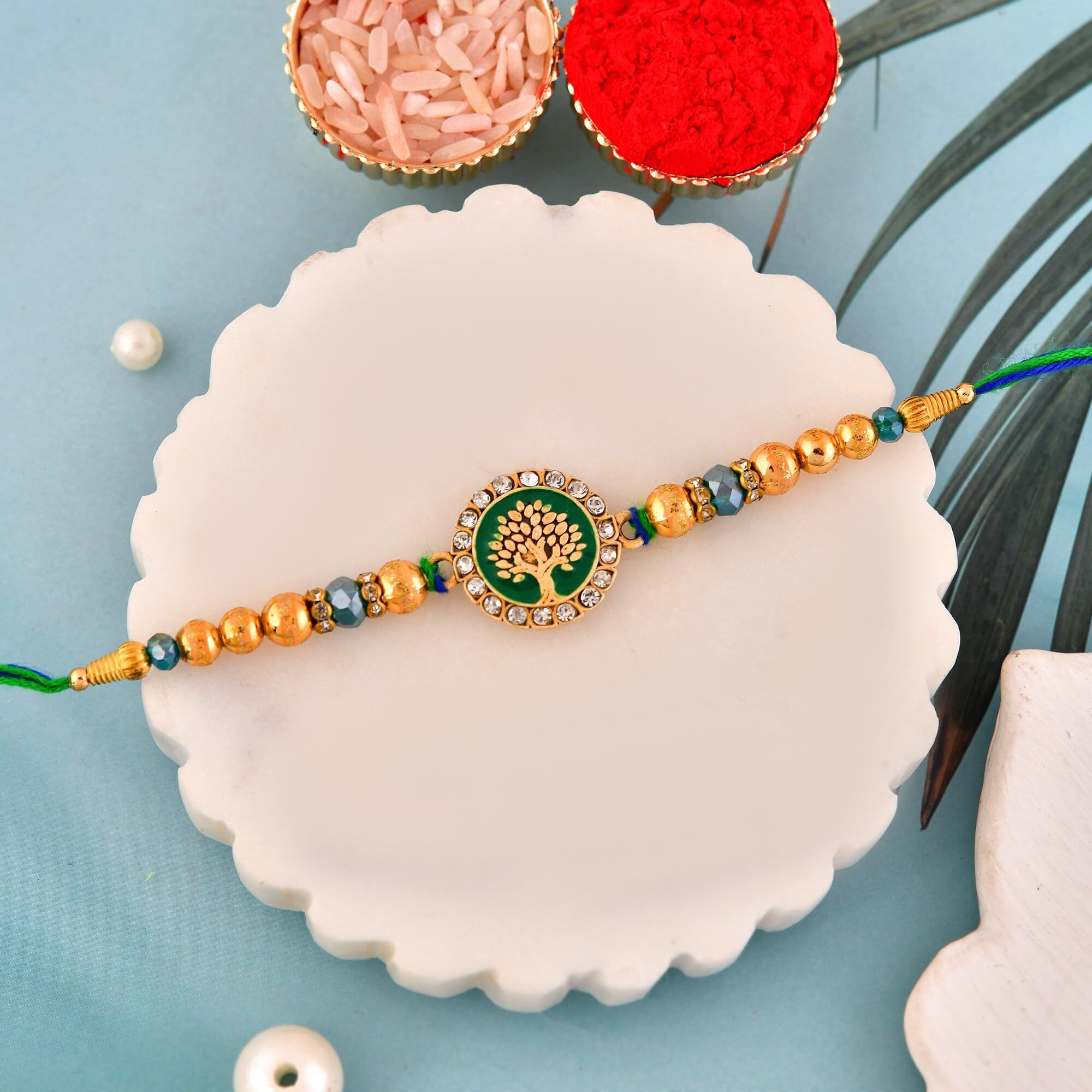 Craftvatika Rakhi For Brother, Rakhi Set Of 1, Tree Of Life Designer Kundan Rakhis For Bhaiya Bhai Bro Boy Men, Designer Single Raki With Best Wishes Greeting Card, Tilak Set Fridge Magnet Gift