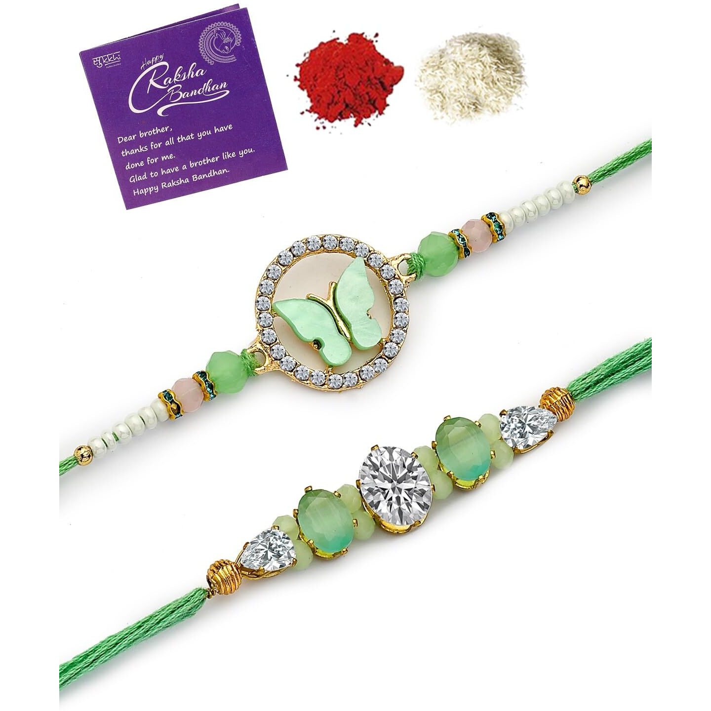 Sukkhi Rakhi Unique Butterfly Design Gold Plated Ad Stones & Beads Studded Green Combo Rakhi For Brother With Roli Chawal & Greeting Card|Set Of 2|Cbrak107441