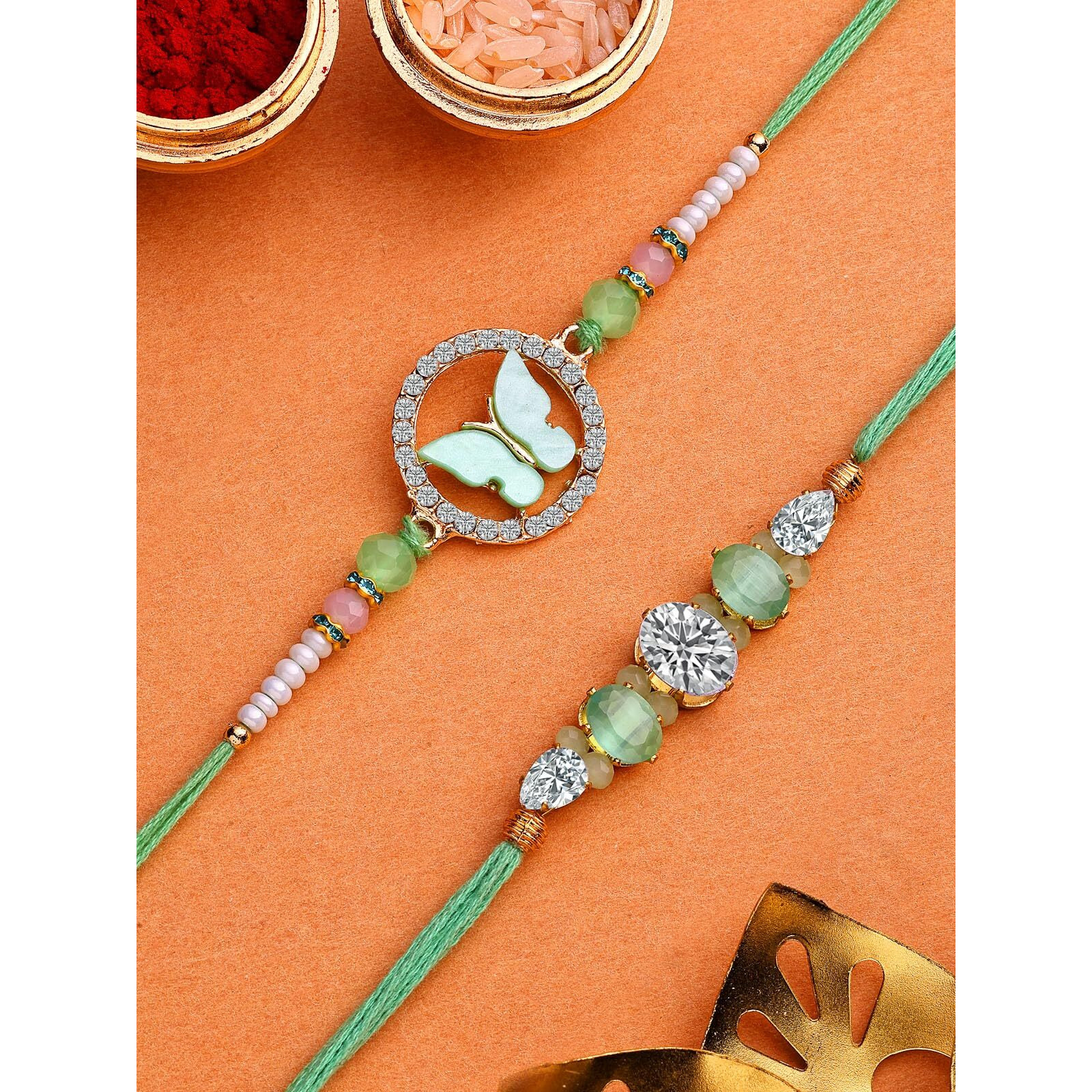 Sukkhi Rakhi Unique Butterfly Design Gold Plated Ad Stones & Beads Studded Green Combo Rakhi For Brother With Roli Chawal & Greeting Card|Set Of 2|Cbrak107441