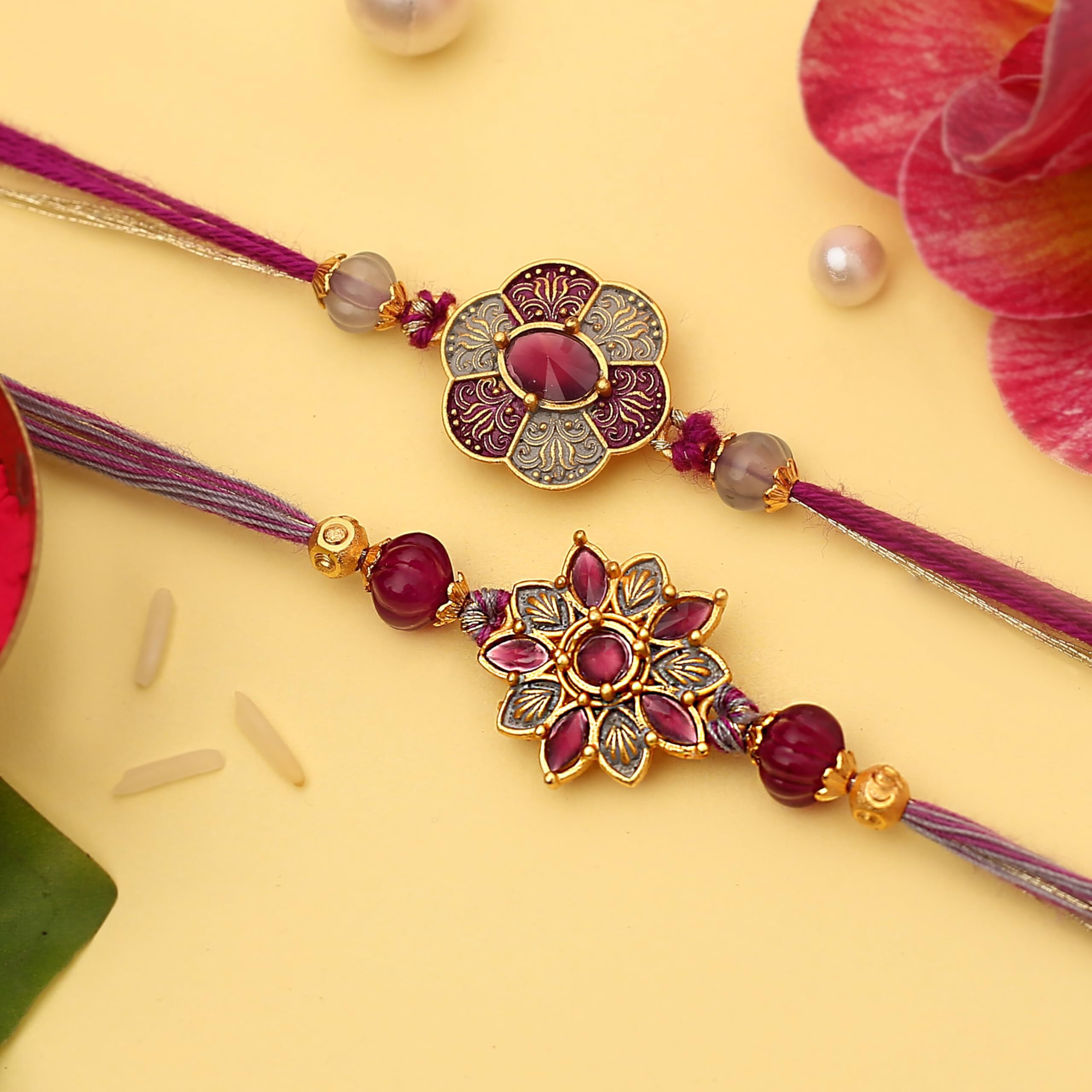 The Purple Tree Purple Floral Kundan Rakhi For Bhai (Pack Of 2), Handmade Rakhi For Brother, Rakshabandhan Gift For Bhai, Best Rakhi For Bhaiya, Meenakari Work