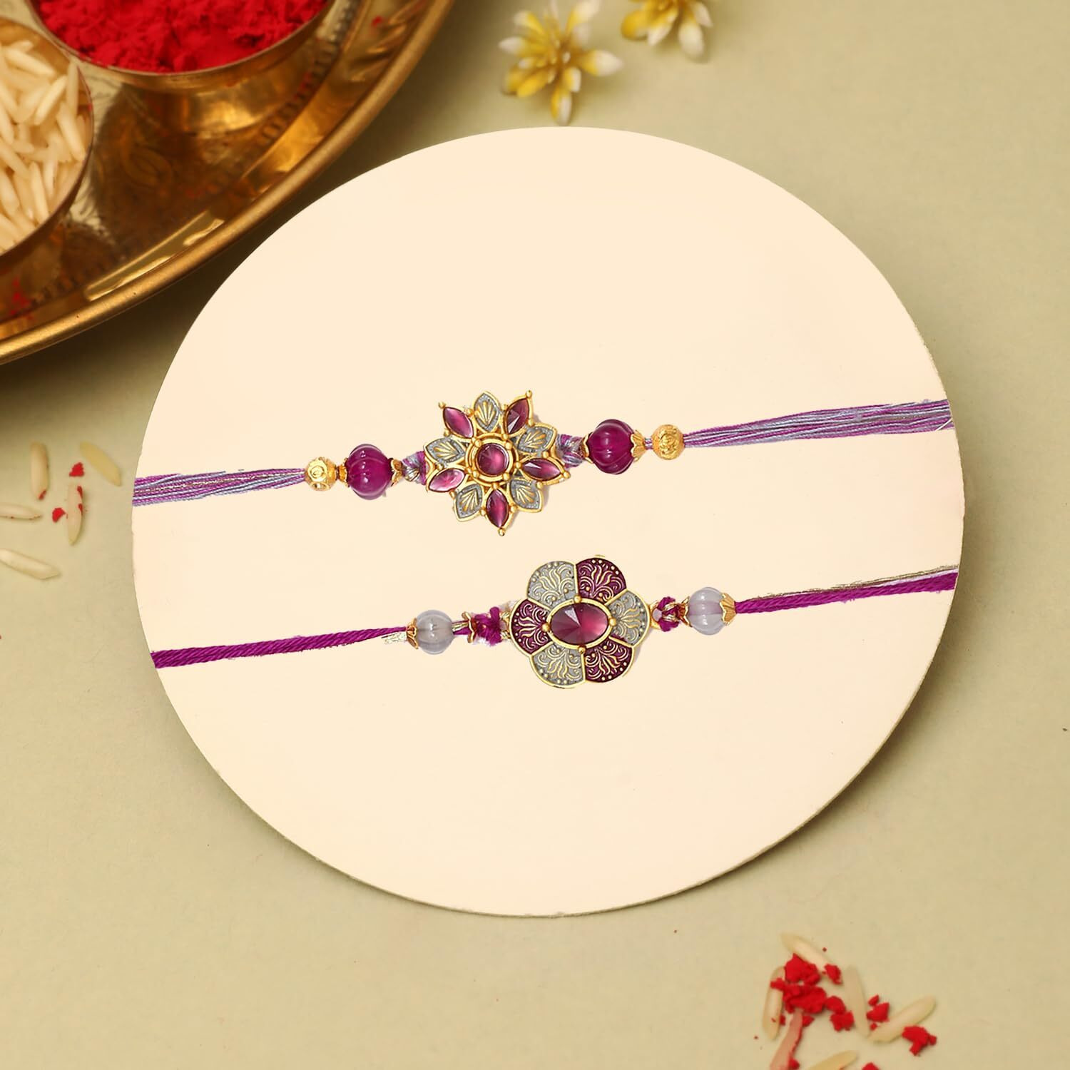 The Purple Tree Purple Floral Kundan Rakhi For Bhai (Pack Of 2), Handmade Rakhi For Brother, Rakshabandhan Gift For Bhai, Best Rakhi For Bhaiya, Meenakari Work