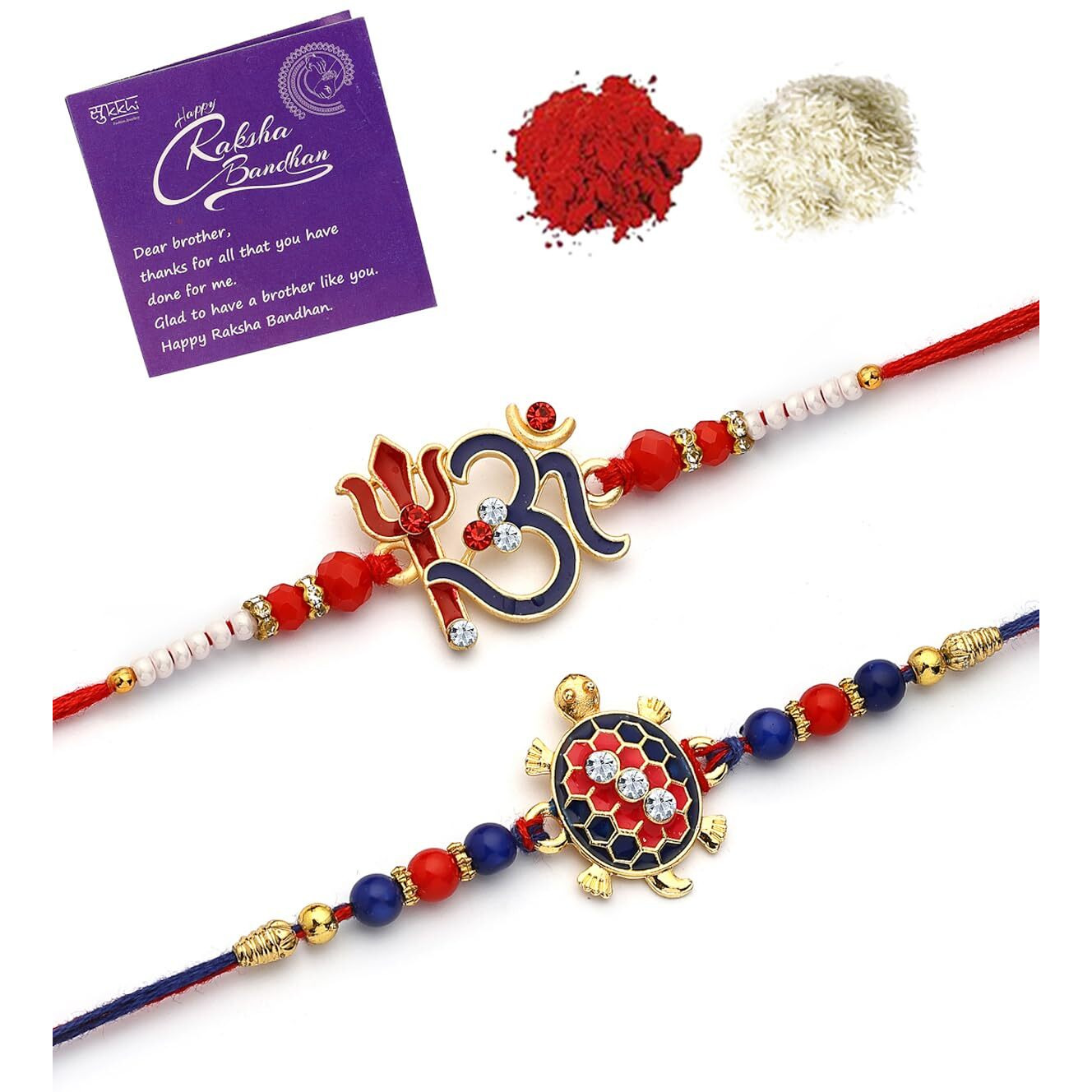Sukkhi Rakhi Om Trishul & Tortoise Designer Gold Plated With Ad Stones & Meenakari Hand Work Combo Rakhi For Brother With Roli Chawal & Greeting Card|Set Of 2|Cbrak107442