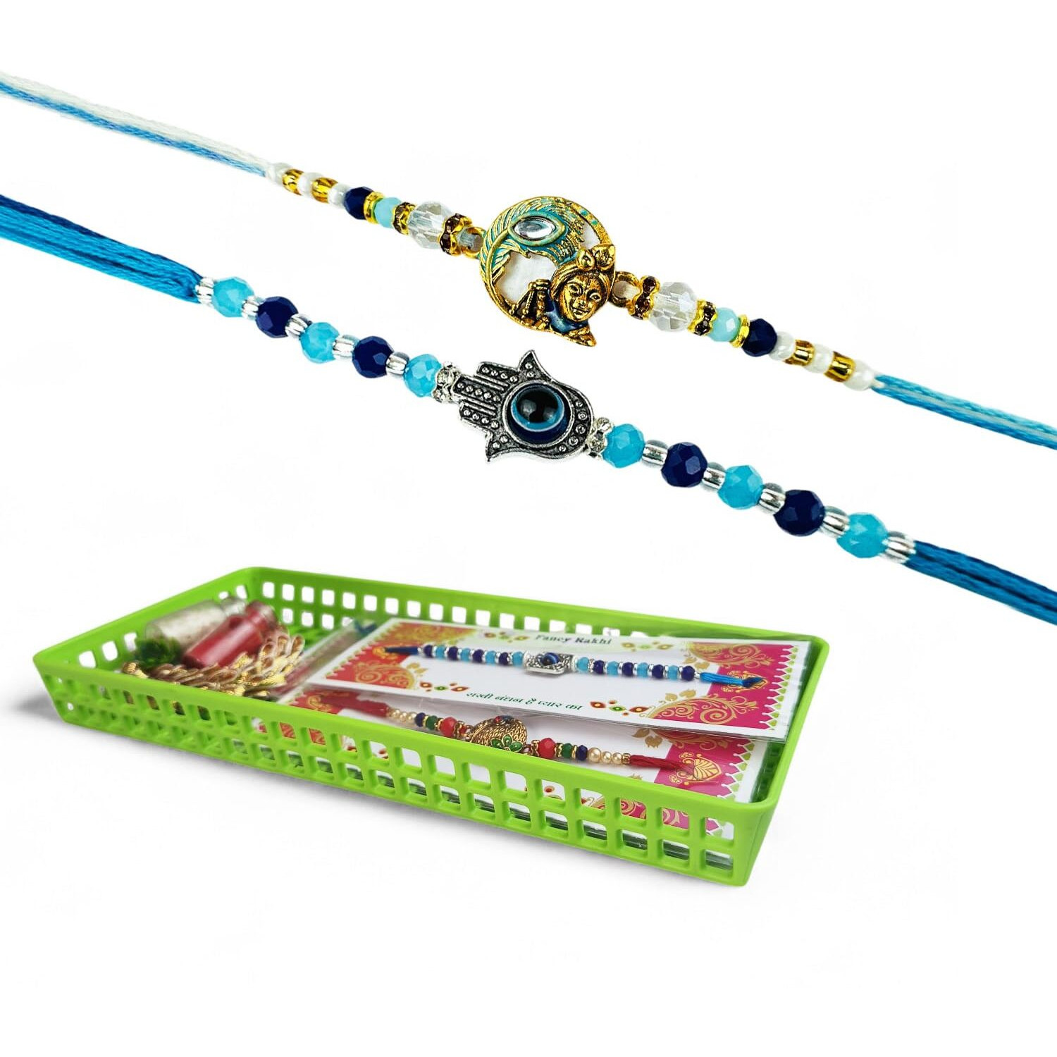 Go Hooked Set Of 2 Designer Rakhi For Bhaiya And Bhabhi With Roli Chawal Vials Greeting Card And Storage Tray | Raksha Bandhan Gift Combo Set | Beautiful Pearl Beads Aesthetic Rakhi For Brother (Gh04)