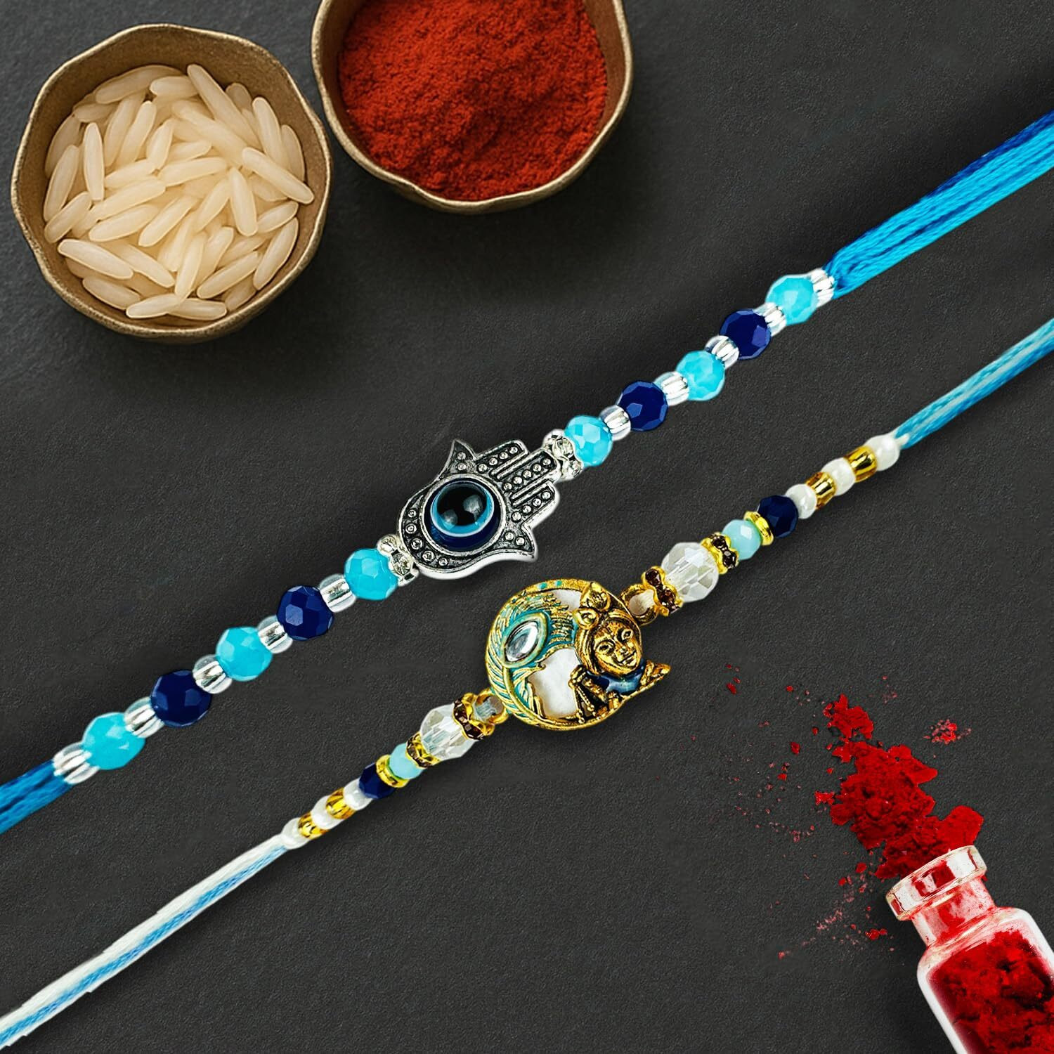 Go Hooked Set Of 2 Designer Rakhi For Bhaiya And Bhabhi With Roli Chawal Vials Greeting Card And Storage Tray | Raksha Bandhan Gift Combo Set | Beautiful Pearl Beads Aesthetic Rakhi For Brother (Gh04)