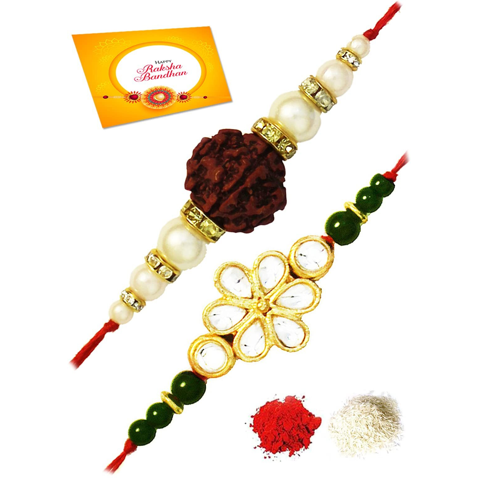 Karatcart Rakhi For Brother Gold-Plated Kundan Rakhi Set Of 2 With Roli Chawal And Raksha Bandhan Greeting Card For Brother (Kcrr015R012)