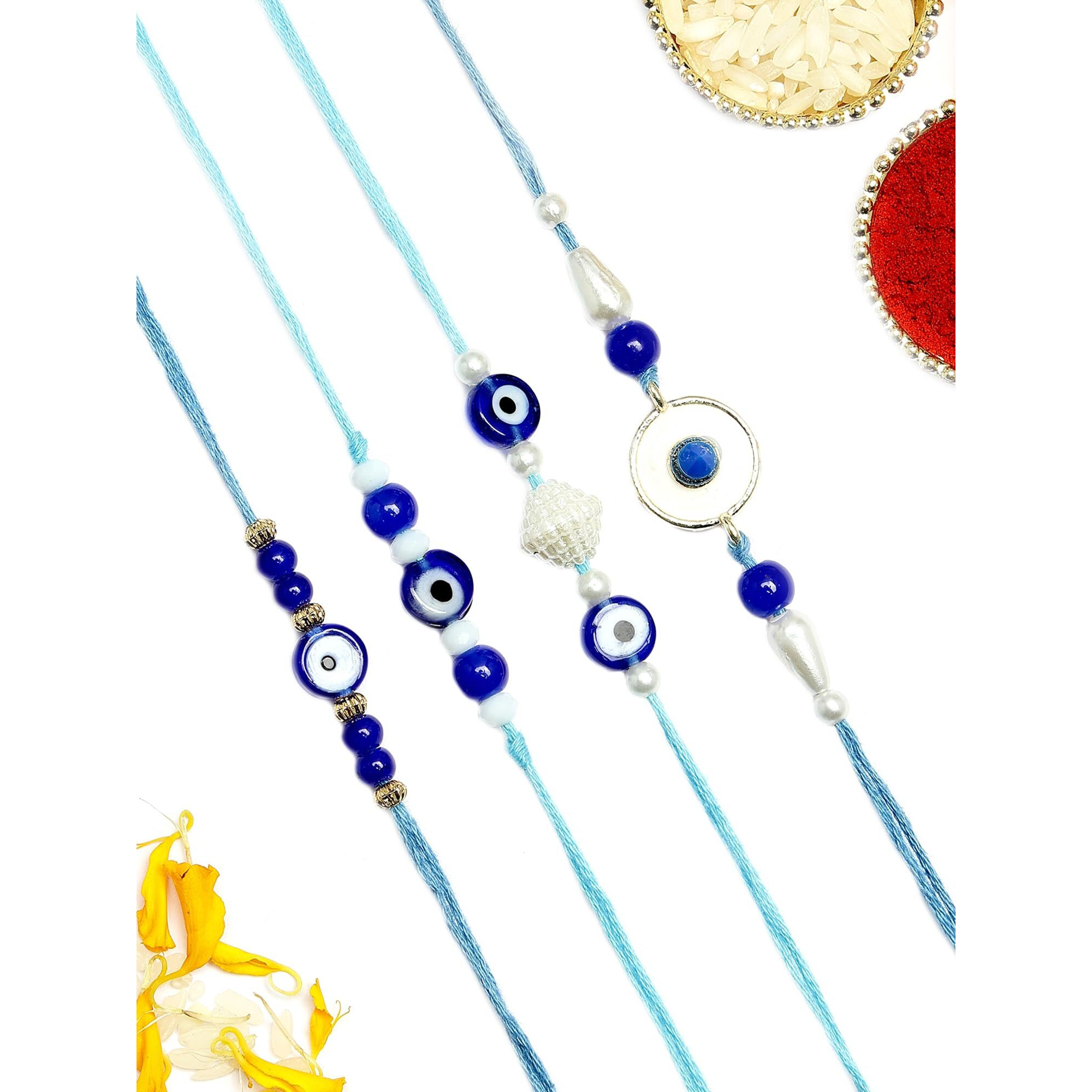 Karatcart Set Of 4 Handmade Blue Beads Meenakari Evil Eye Kundan Rakhis For Brother With Roli And Chawal