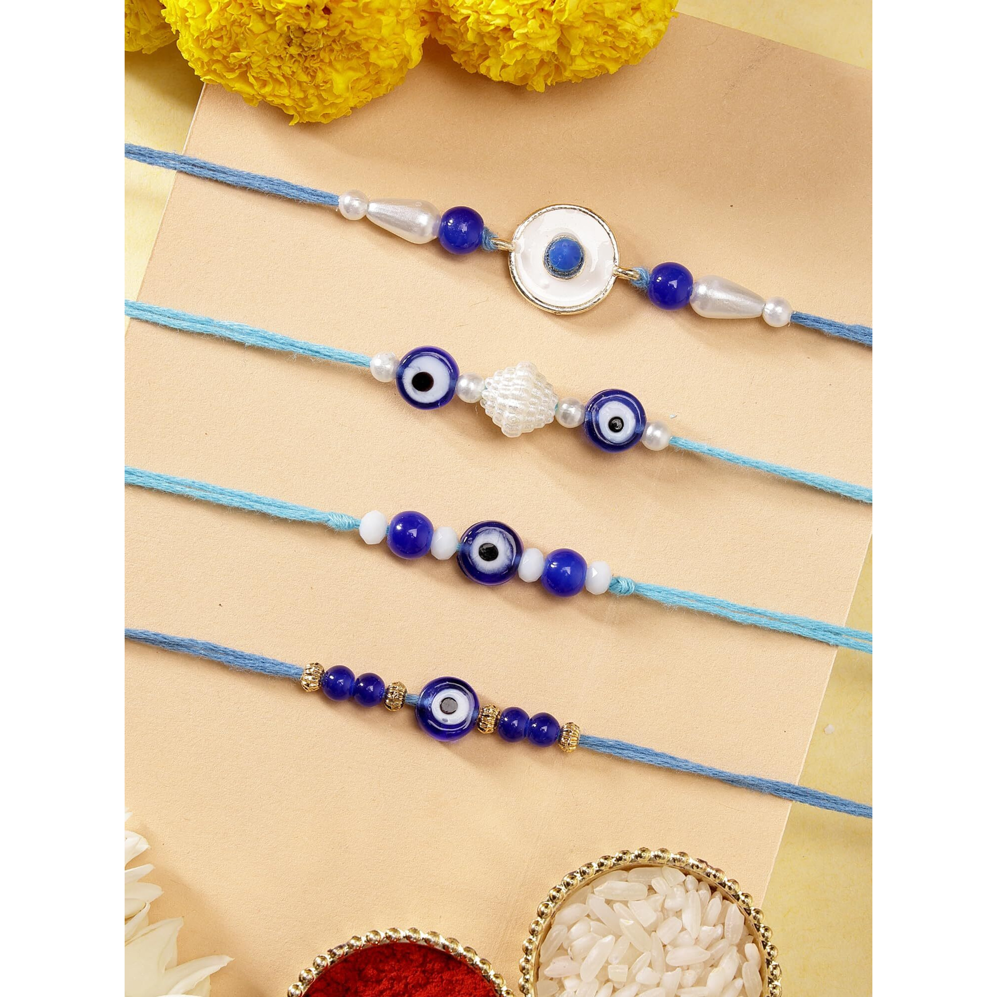 Karatcart Set Of 4 Handmade Blue Beads Meenakari Evil Eye Kundan Rakhis For Brother With Roli And Chawal