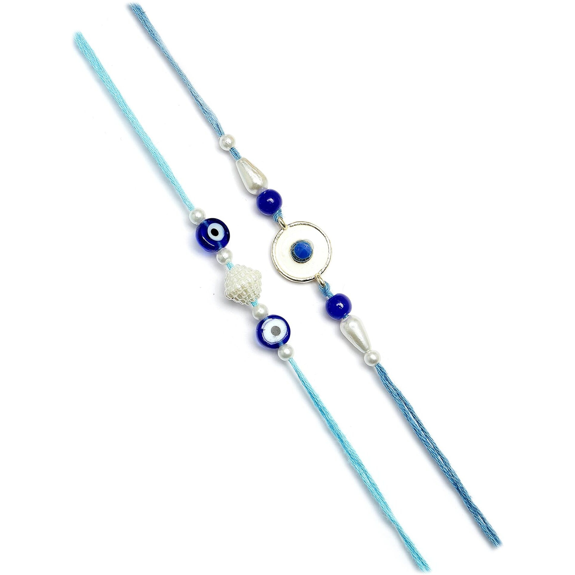 Karatcart Set Of 4 Handmade Blue Beads Meenakari Evil Eye Kundan Rakhis For Brother With Roli And Chawal