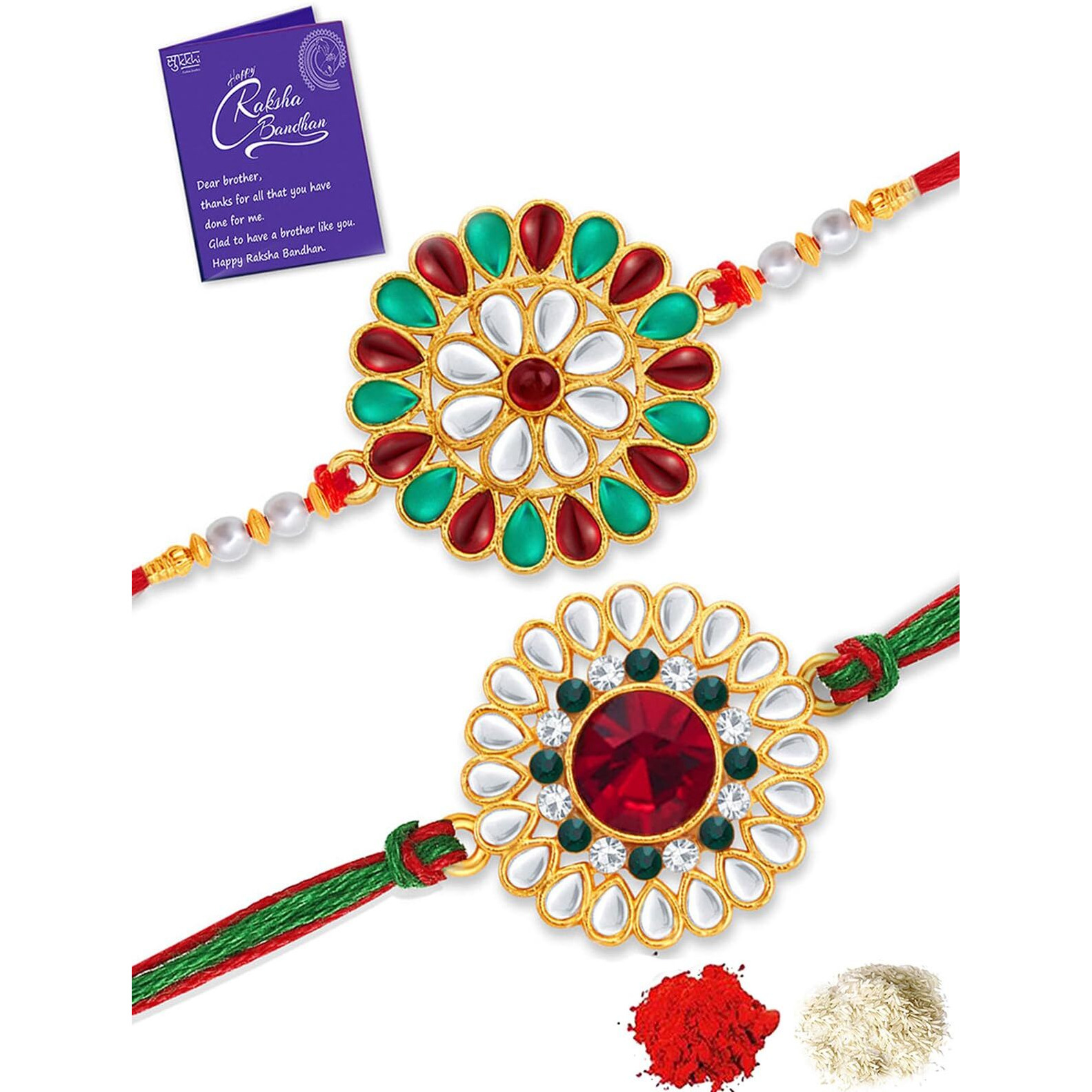 Sukkhi Rakhi Charming Kundan Rakhi Combo & Designer Gold Plated Premium Rakhi For Brother, Roli Chawal & Greeting Card|Rakhi For Bhaiya|Rakhi For Men|Kundan Rakhi|Rakhi Combo-Set Of 2 |Cbrak105027
